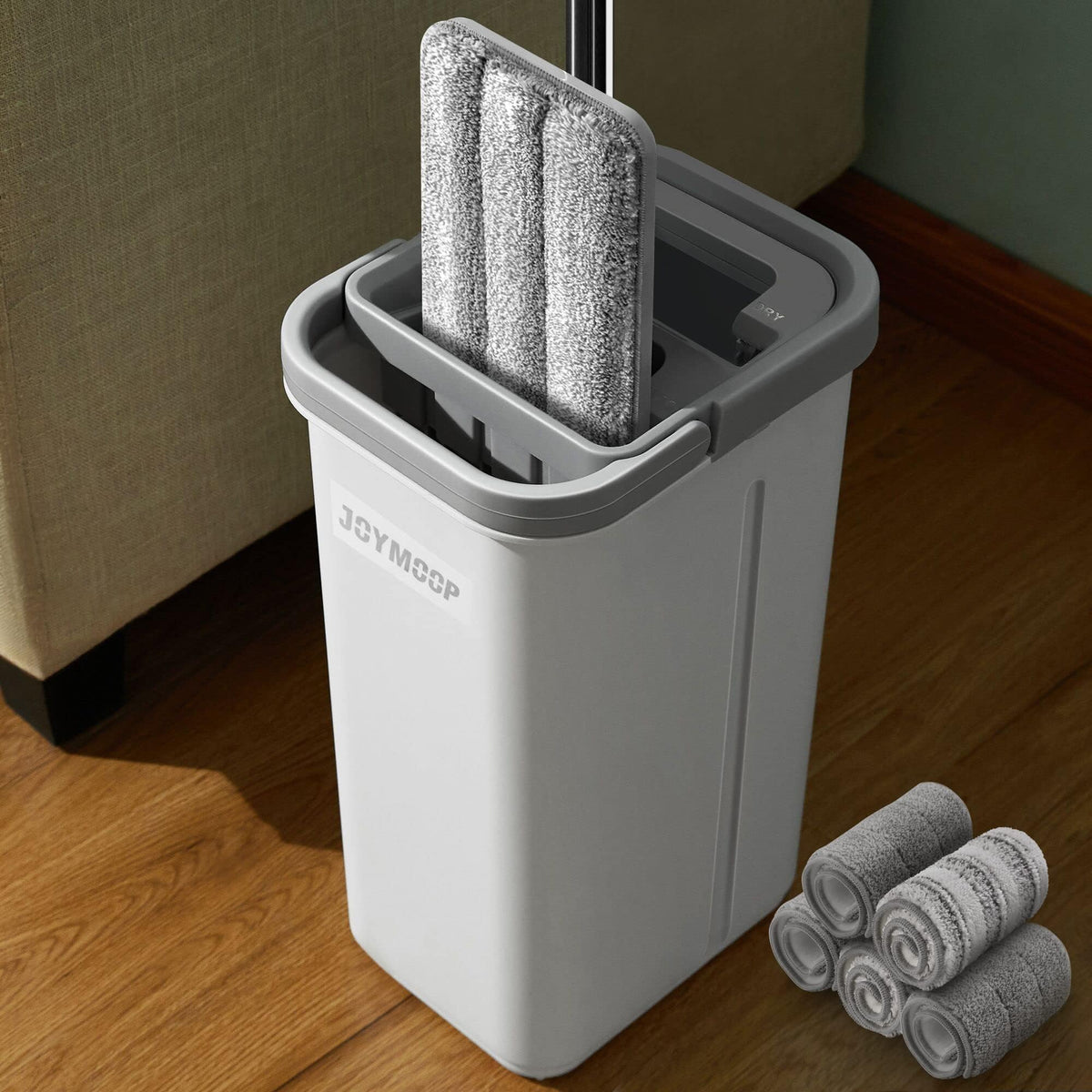 JOYMOOP Flat Mop System, Microfiber Mop and Bucket Set, White, Commercial & Household Use, Hardwood Floor & Wall Cleaning Mop with Long Handle, 4 Microfiber Pads
