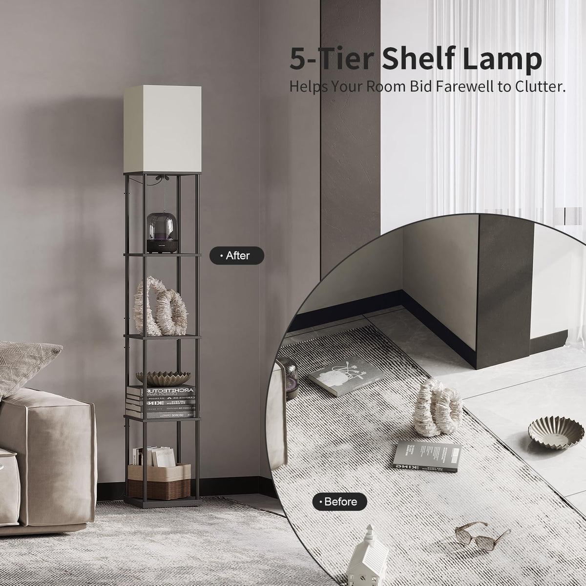 SUNMORY Floor Lamp with Shelves, Standing Lamps for Living Room, Black