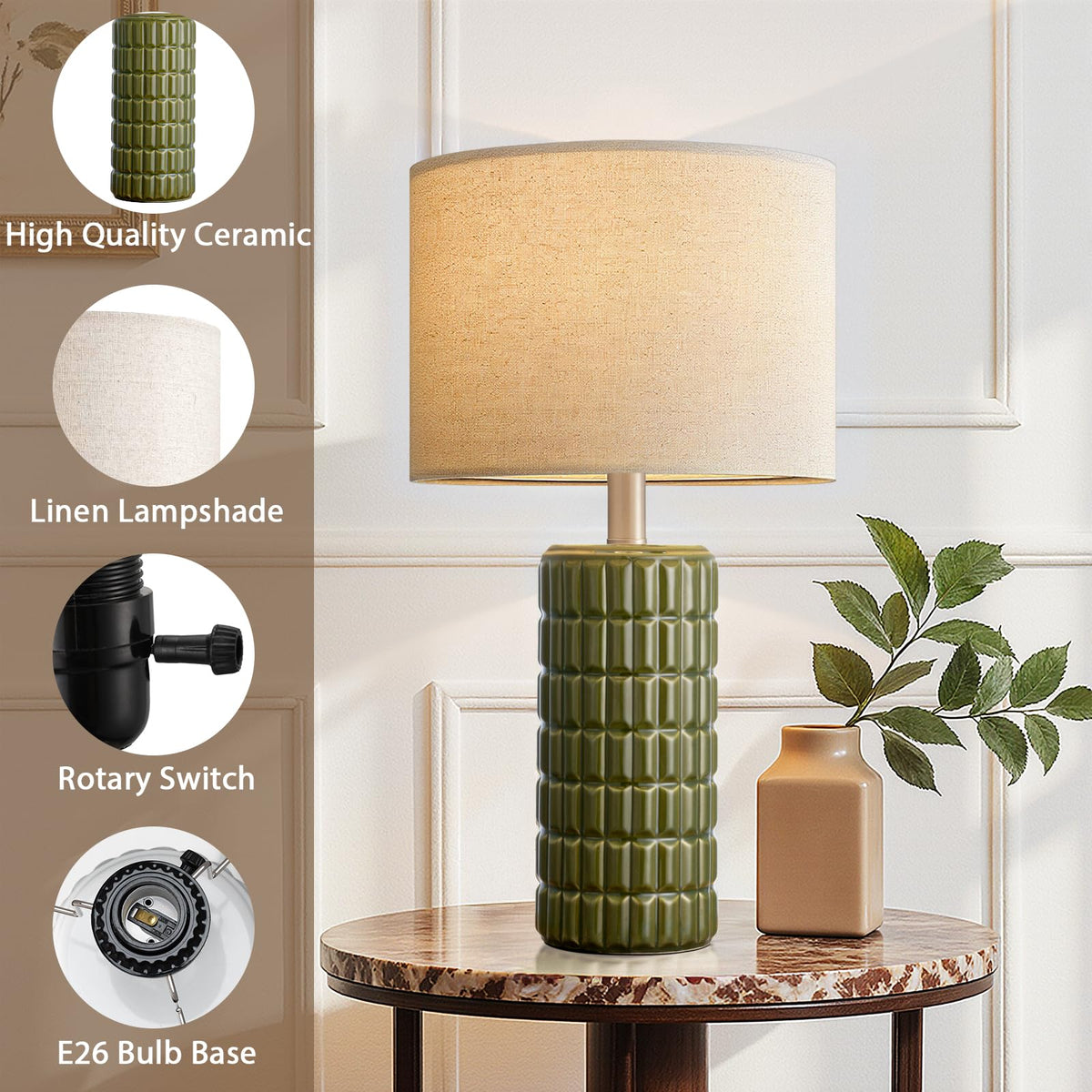 Seealle 23" Modern Ceramic Table Lamps Set of 2, Lamps for Bedroom, White