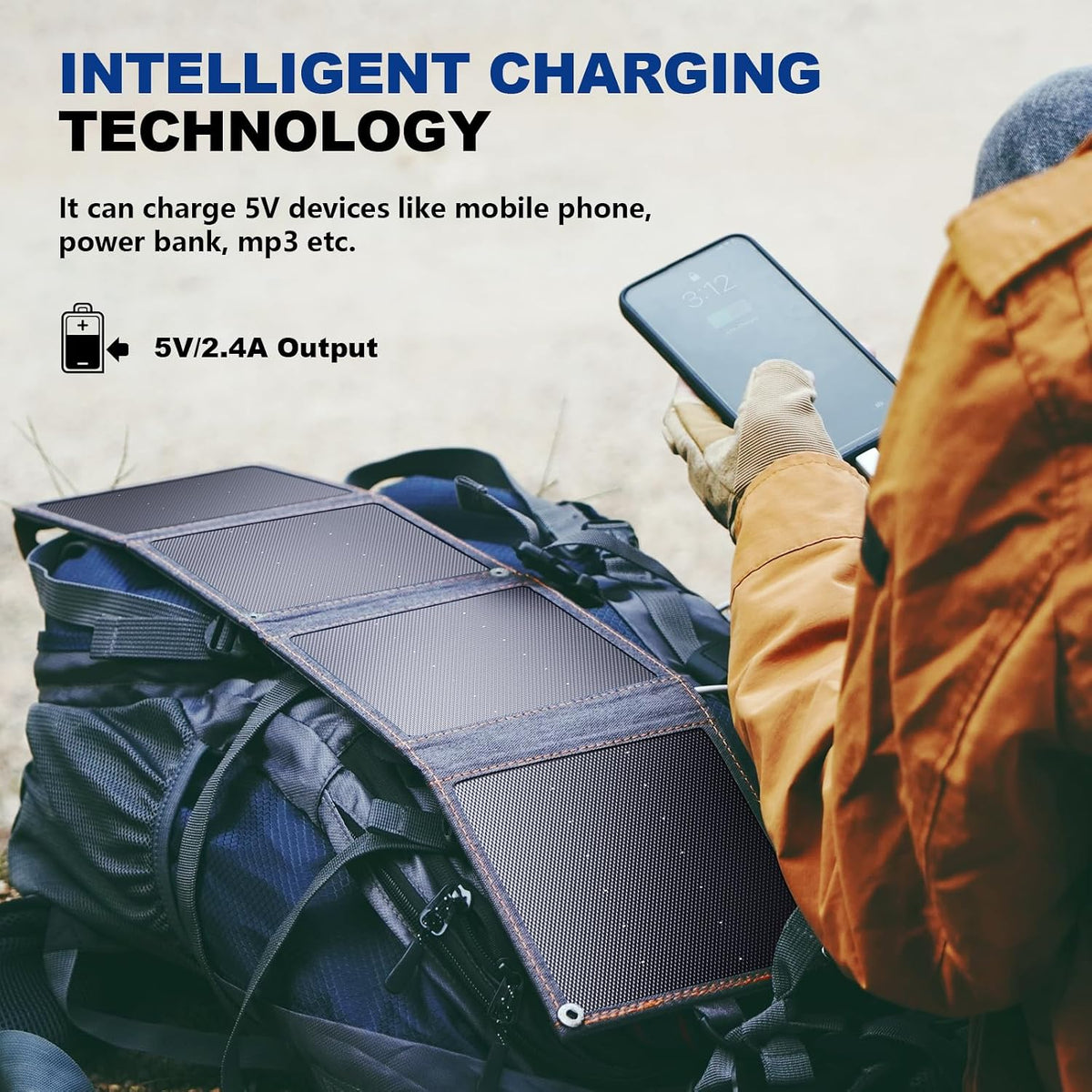 [Upgraded Tiny Solar Charger] BigBlue 14W Solar Panels with USB-A Port(5V/2.4A Max), IPX4 Waterproof, Portable Solar Phone Charger for Hiking, Compatible with iPhone X/8/7, Tablet, Samsung LG etc