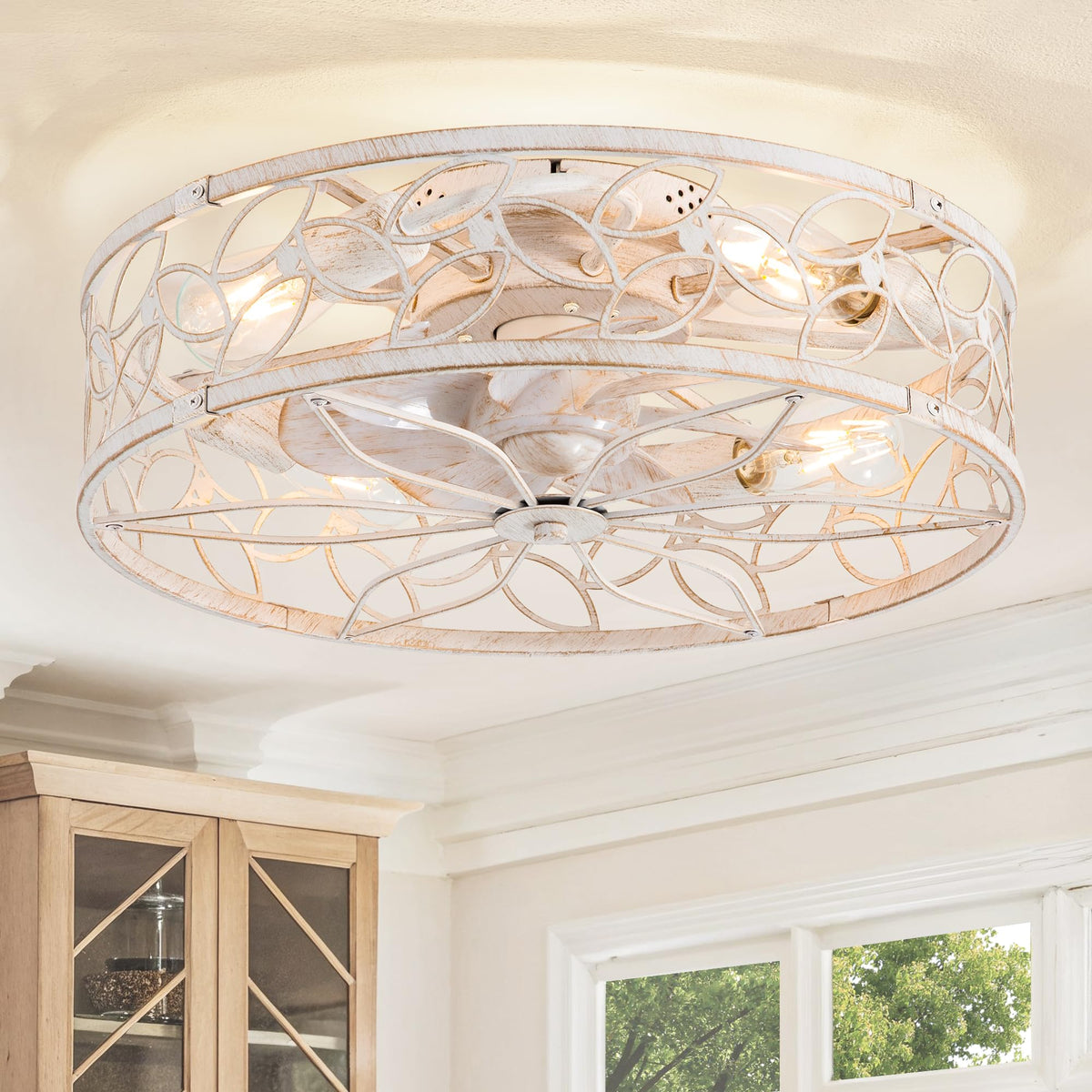 LEDIARY Caged Ceiling Fan with Light, Flush Mount Fandalier with Remote