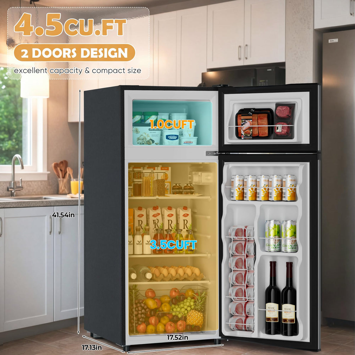 4.5 Cu.Ft Mini Fridge Freezer for Dorm/Office, 2-Door, Quiet