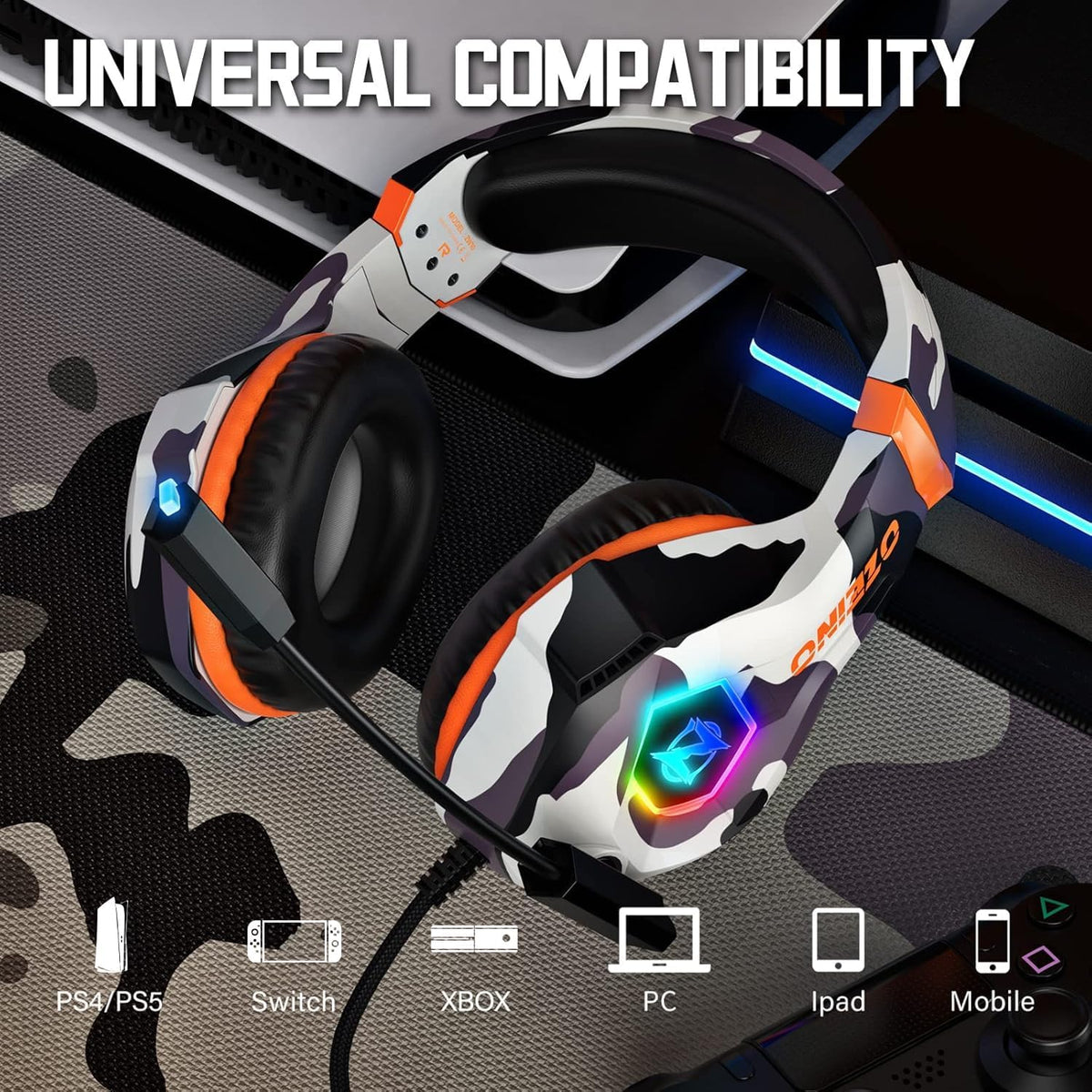 Ozeino Gaming Headset for PC, Ps4, Ps5, Xbox Headset with 7.1 Surround Sound Gaming Headphones with Noise Canceling Mic, LED Light Over Ear Headphones for Switch, Xbox Series X/S, Laptop, Mobile White