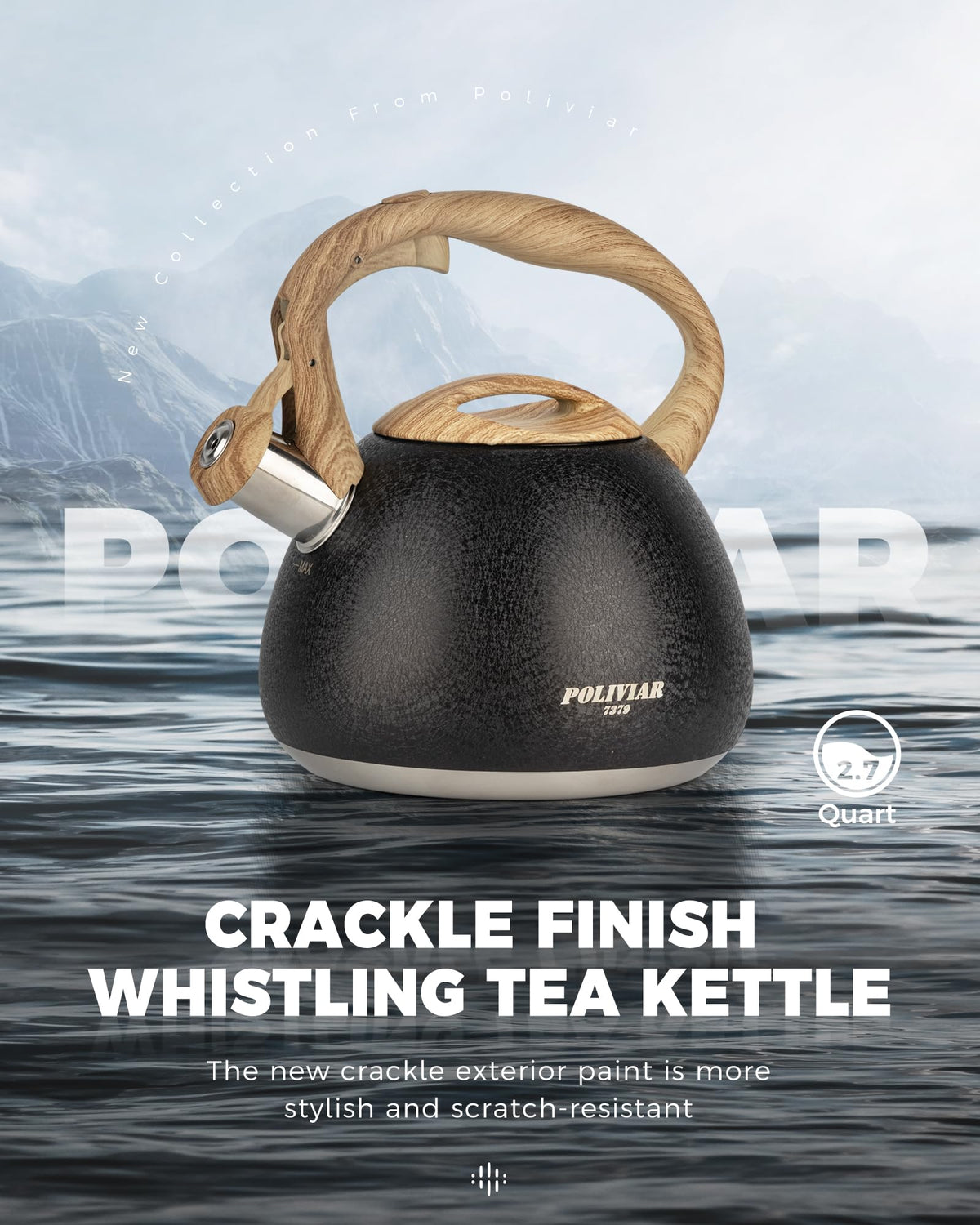 POLIVIAR Tea Kettle, 2.7 Quart Natural Stone Finish with Wood Pattern Handle Loud Whistle Food Grade Stainless Steel Teapot, Anti-Hot Handle and Anti-Rust, Suitable for All Heat Sources (JX2018-GR20)