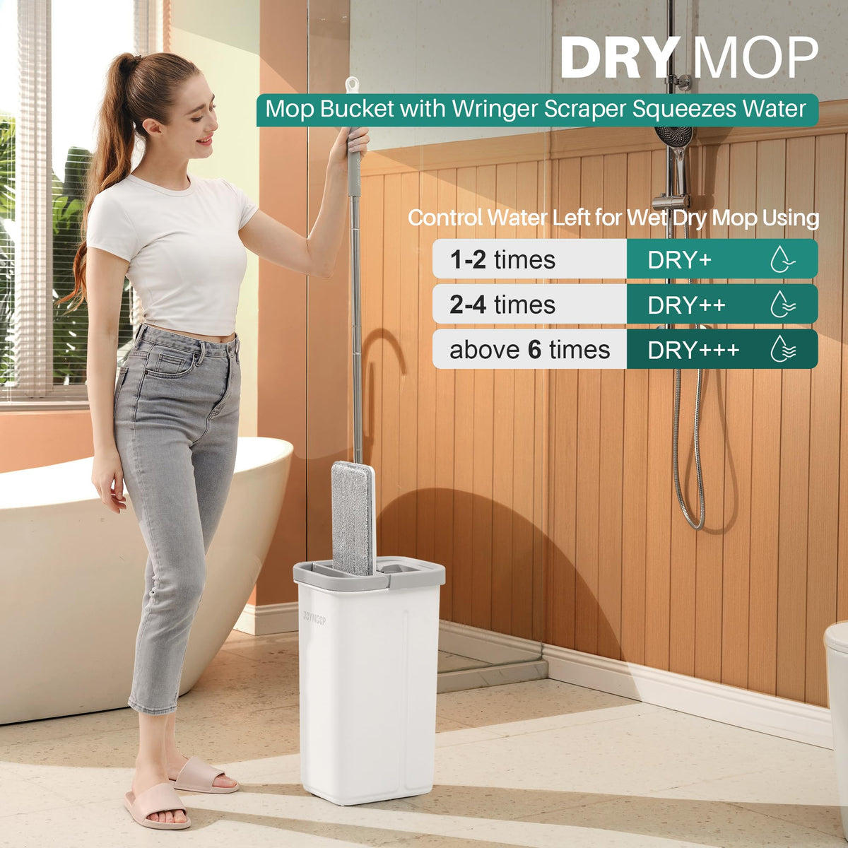 JOYMOOP Flat Mop System, Microfiber Mop and Bucket Set, White, Commercial & Household Use, Hardwood Floor & Wall Cleaning Mop with Long Handle, 4 Microfiber Pads