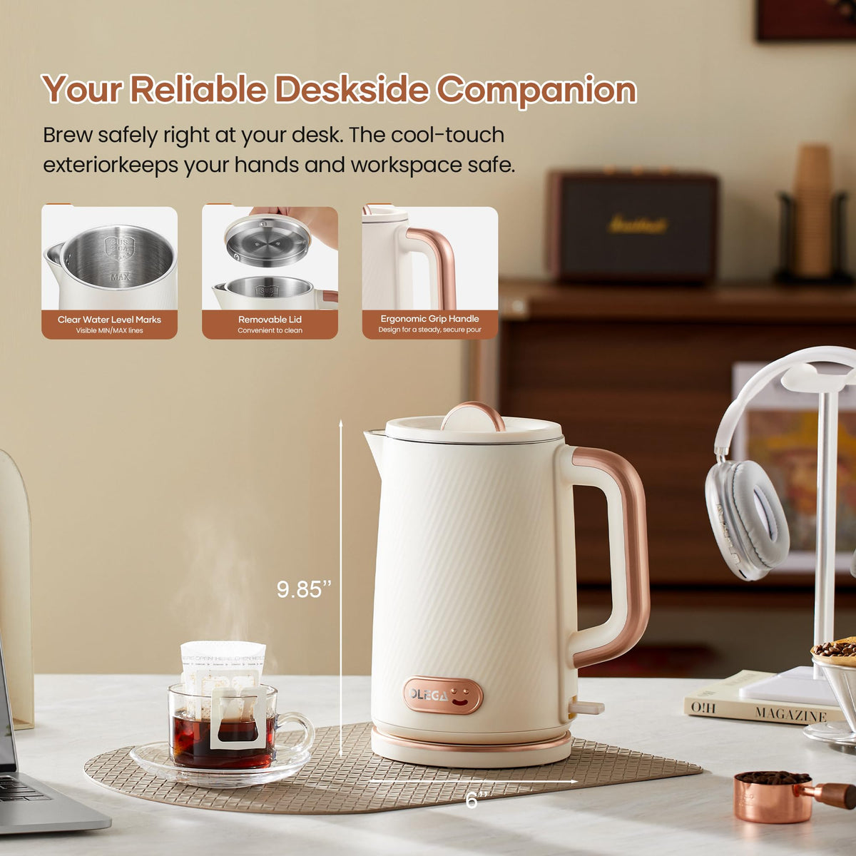 OLEGA Electric Kettle: 1200W Fast Boil Electric Water Kettles, 1.5L Double Wall Stainless Steel Tea Kettle, Auto Shut-Off, BPA-Free Hot Water Boiler Teapot for Coffee & Tea -Ligth Green