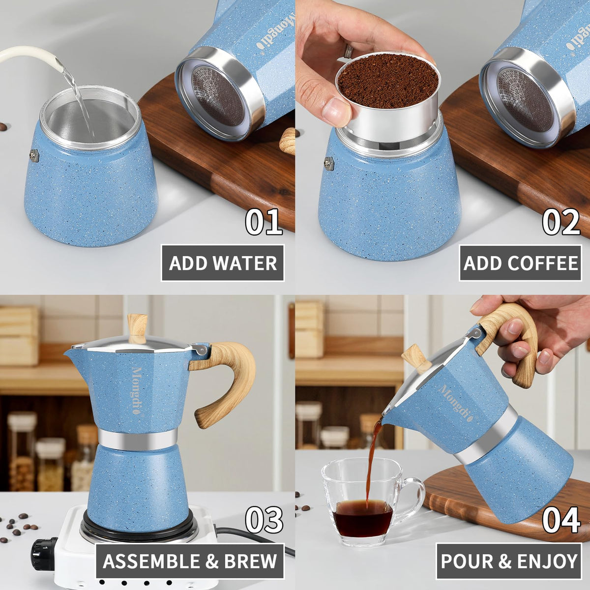 Mongdio Stovetop Espresso Maker Moka Pot, Cuban Coffee Maker Stove Top Coffee Maker Moka Italian Espresso Greca Coffee Maker Brewer Percolator, 6 Espresso Cups, 10 oz - Black