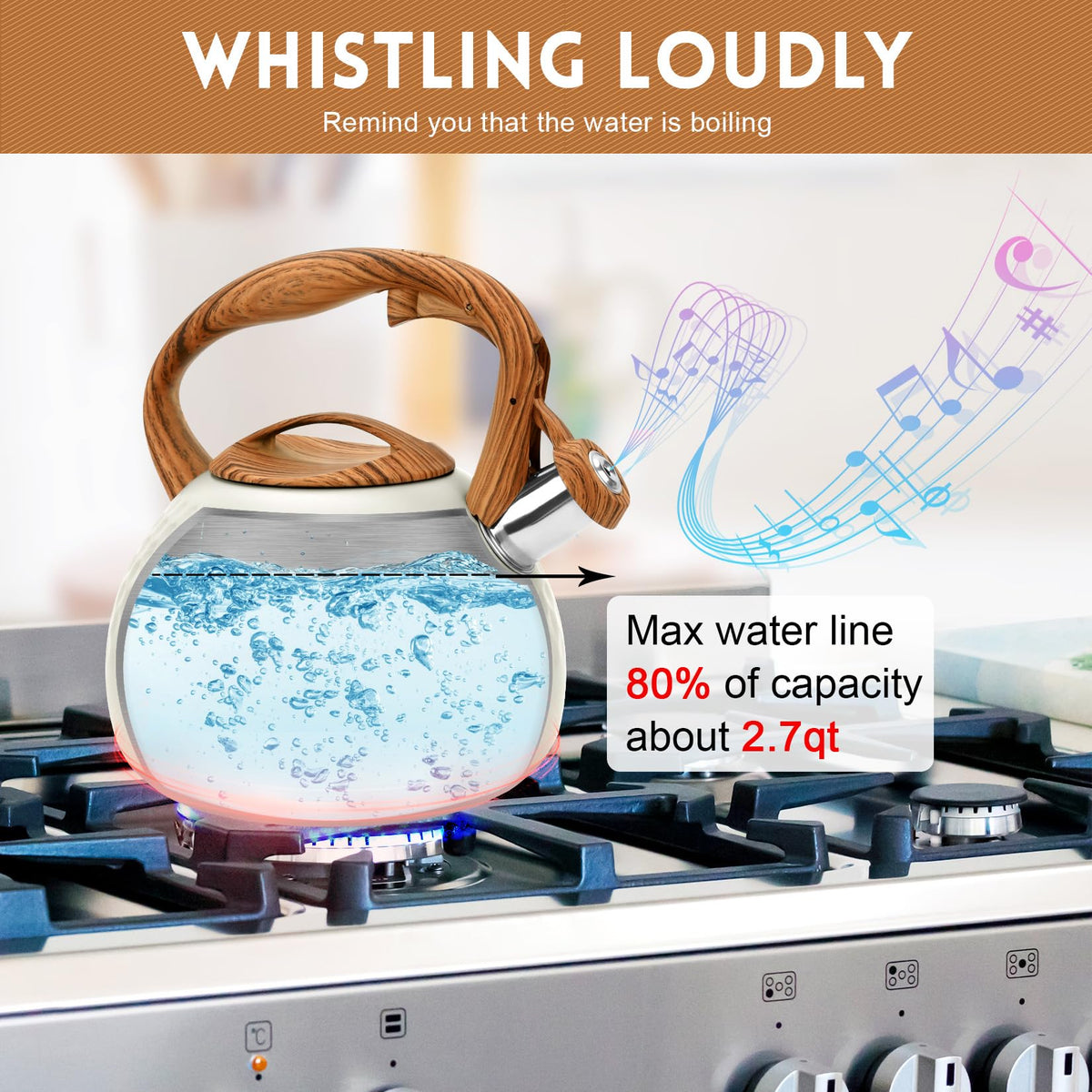 GGC Whistling Tea Kettle for Stove Top, 3.2QT/3L Stainless Steel Tea Kettle