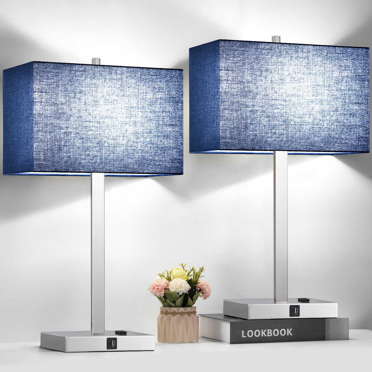 Lynnoland Set of 2 Touch Control Table Lamps with 2 USB & AC Outlet, 3-Way Dimmable Bedside Nightstand Lamps for Bedroom Living Room Nursery, 800 Lumens 5000K Daylight Bulbs Included