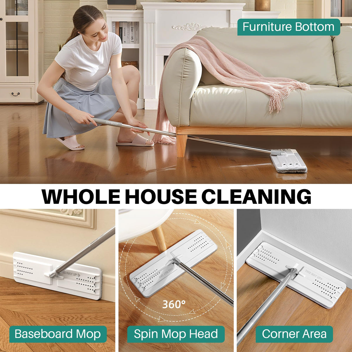 JOYMOOP Flat Mop System, Microfiber Mop and Bucket Set, White, Commercial & Household Use, Hardwood Floor & Wall Cleaning Mop with Long Handle, 4 Microfiber Pads