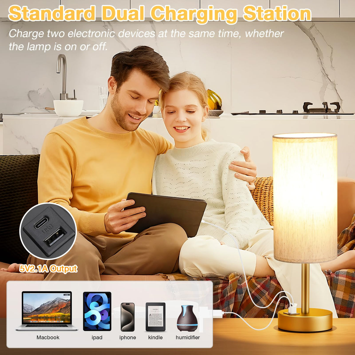 Dicoool Bedside Table Lamp for Bedroom - 3-Way Dimmable Touch Lamp, USB A+C
