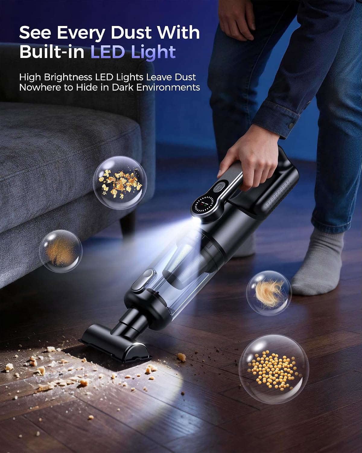 Cordless Handheld Vacuum Cleaner, 2-in-1 Vacuum & Blower, 36000Pa Suction Brushless Motor, Car Vacuum with LED Light, Lightweight, Covers for Car, Home, Office and Outdoor Use, Carbon Black