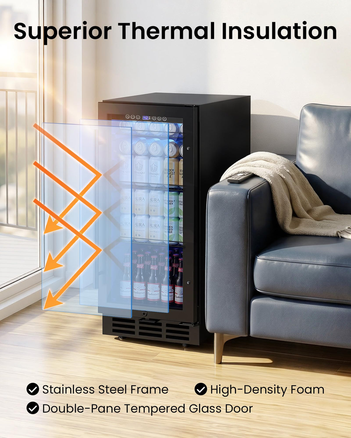 24 Inch Beverage Refrigerator 180 Cans | Under Counter Glass Door