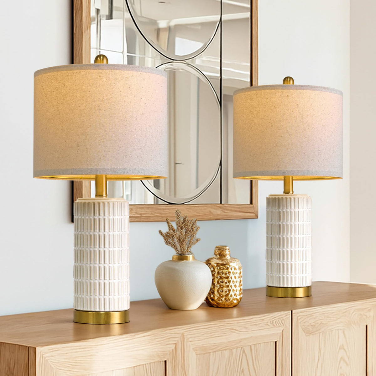 PoKat 20.75" Small Modern Ceramic Table Lamps Set of 2 for Bedroom, White