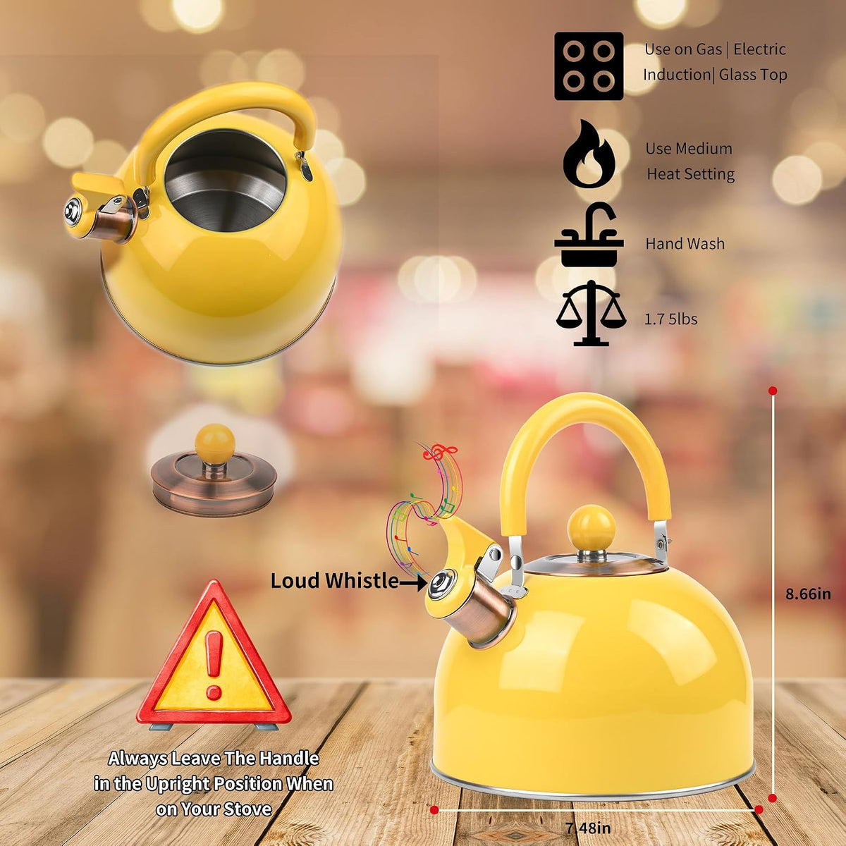 2.6 Quart Yellow Whistling Tea Kettle, Multiple Color Available, Stainless Steel Stovetop Teapot with Cool-Touch Handle, Loud Whistle, Induction Compatible for Gas, Electric & Glass Cooktops