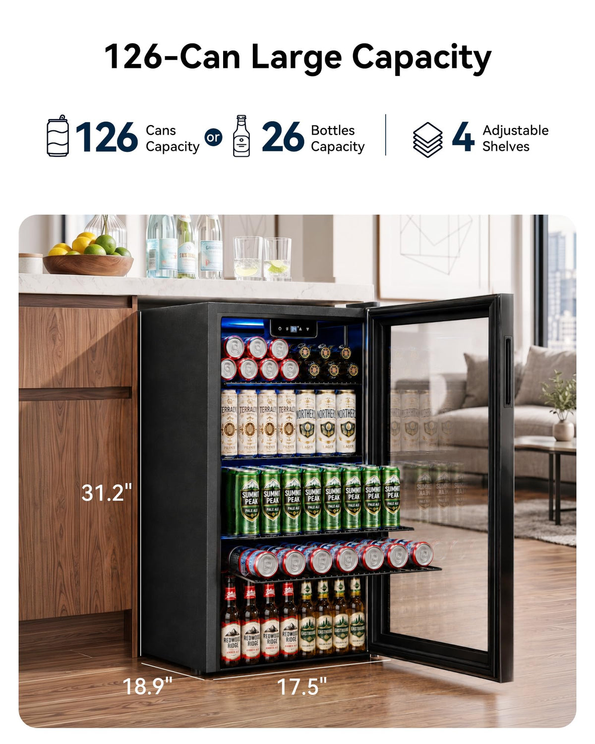 Feelfunn 126 Can Beverage Refrigerator, Glass Door Mini Fridge, 3.2 Cu.Ft