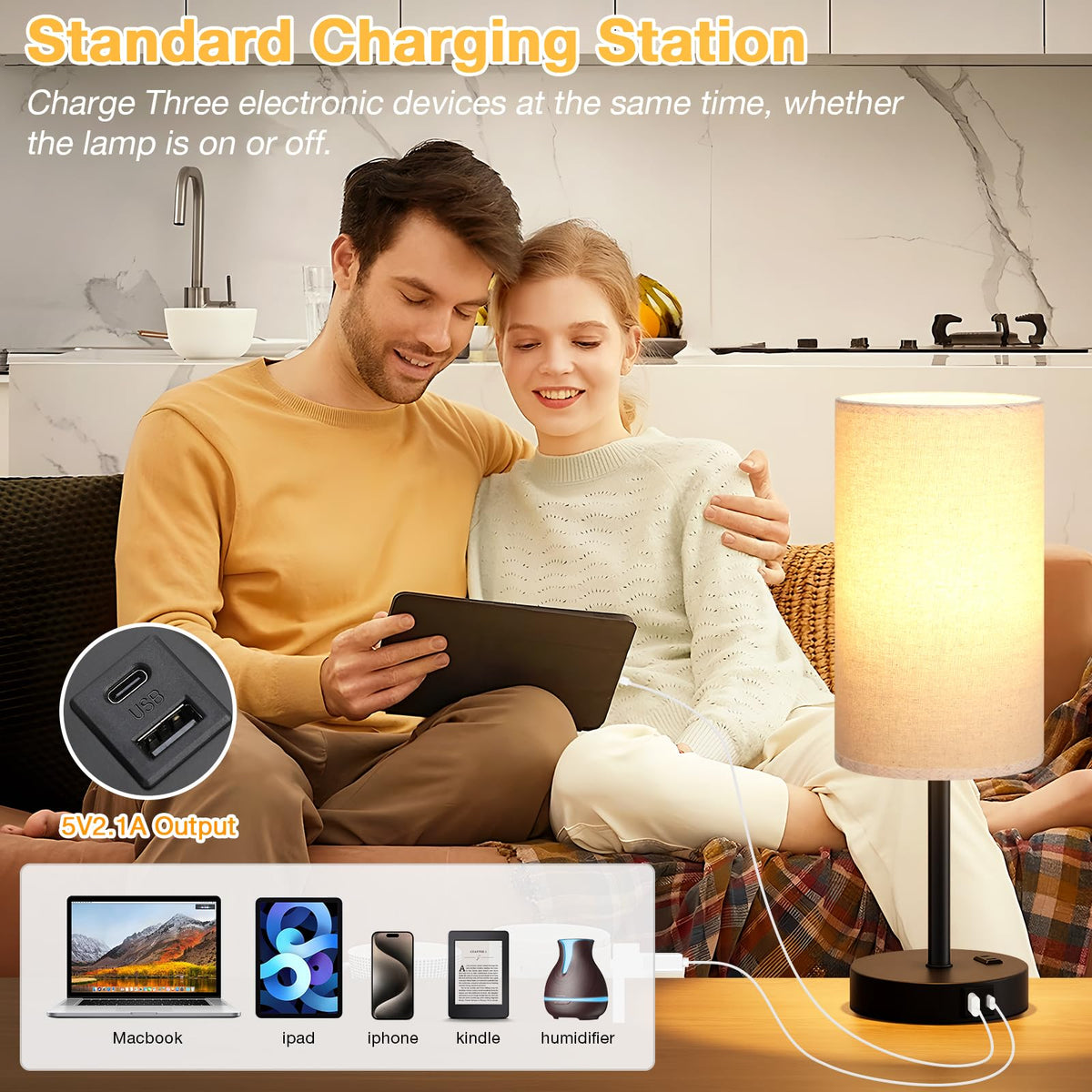 Dicoool Bedside Table Lamp for Bedroom - 3-Way Dimmable Touch Lamp, USB A+C