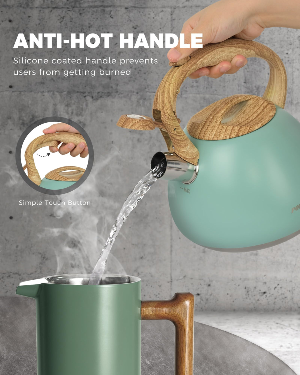 POLIVIAR Tea Kettle, 2.7 Quart Natural Stone Finish with Wood Pattern Handle Loud Whistle Food Grade Stainless Steel Teapot, Anti-Hot Handle and Anti-Rust, Suitable for All Heat Sources (JX2018-GR20)