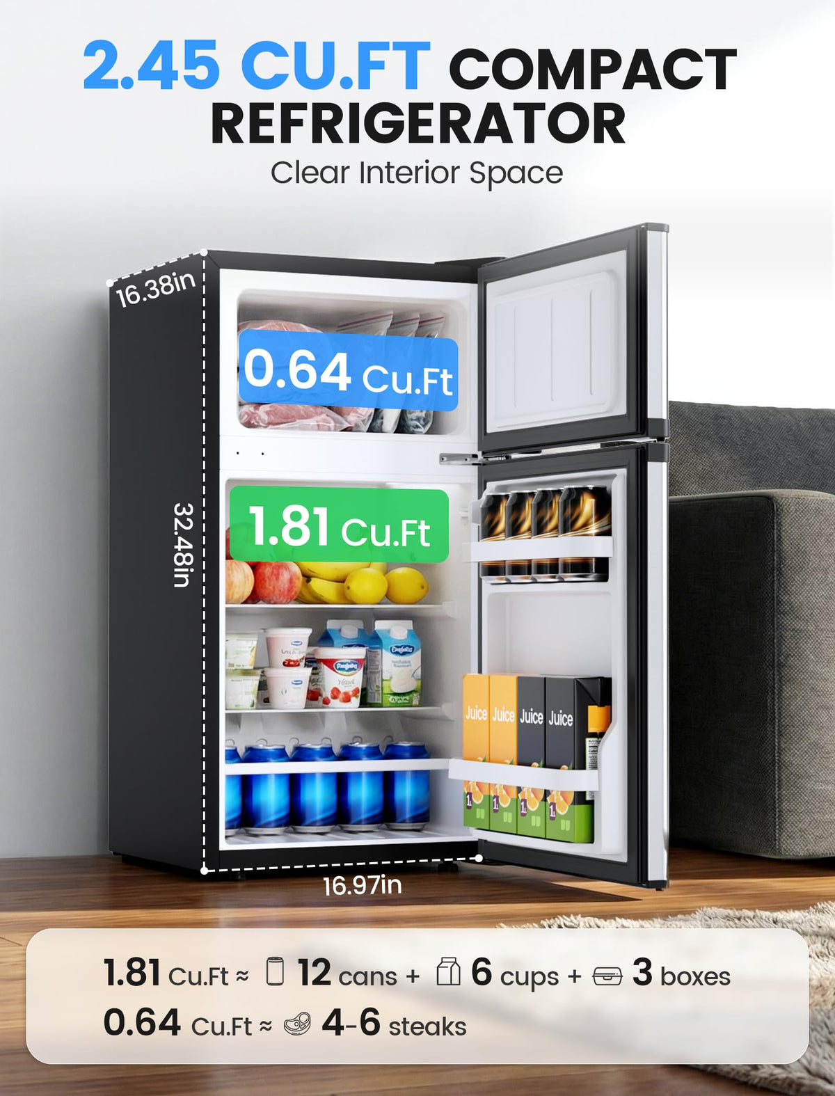 COWSAR 4.5 Cu.Ft Mini Fridge With Freezer for Bedroom Office, Black