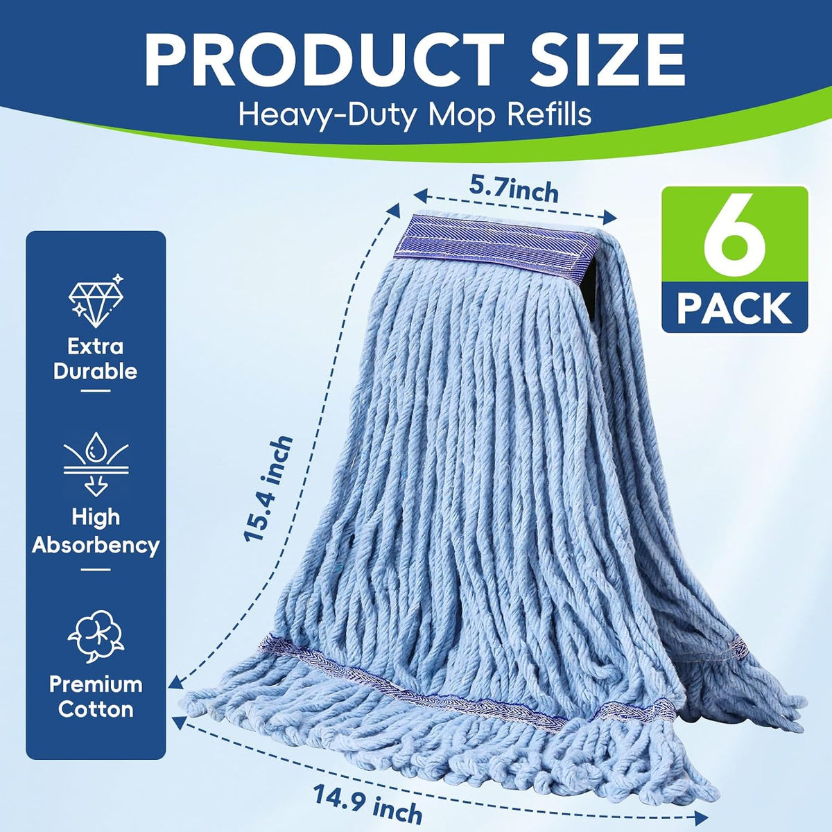 6 Pack Commercial Mop Head Replacement – Heavy Duty Mop Head for General and Floor Cleaning | Industrial Wet Mops | Washable Refill, Reusable, Looped End Mopheads | Hardwood, Concrete
