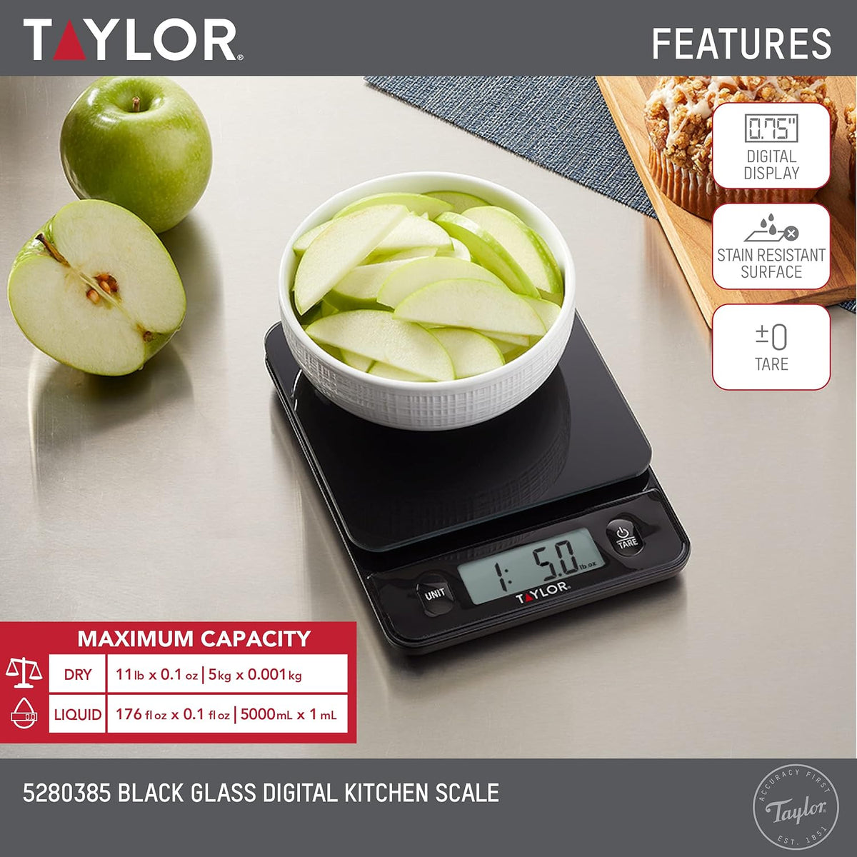 Taylor Digital Kitchen Food Scale with Black Glass Top - 11 lb Max Capacity