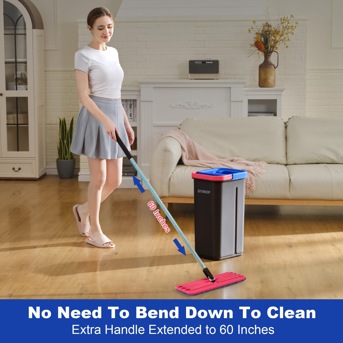JOYMOOP Flat Mop System, Microfiber Mop and Bucket Set, White, Commercial & Household Use, Hardwood Floor & Wall Cleaning Mop with Long Handle, 4 Microfiber Pads