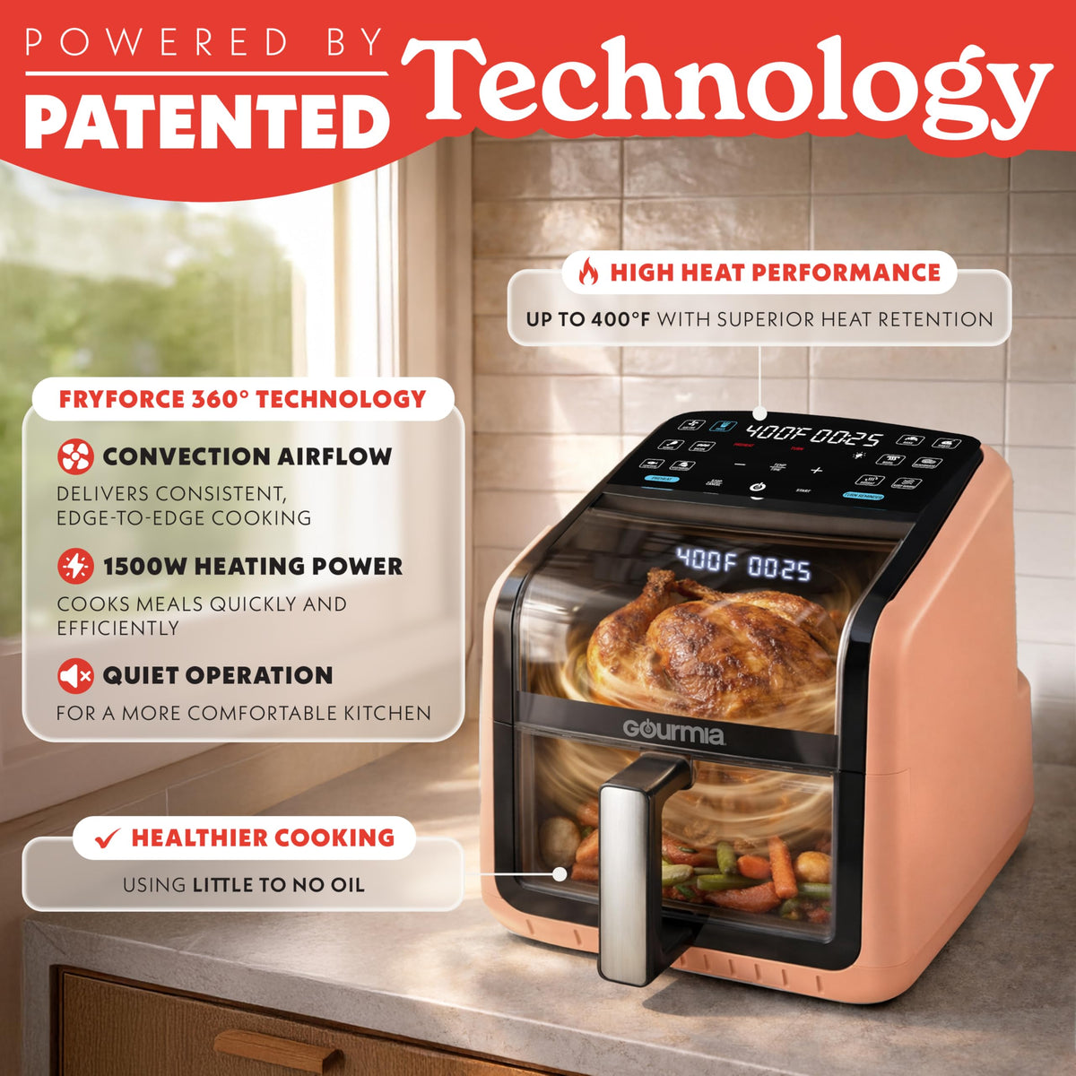 Gourmia Air Fryer - 7 Qt Basket Capacity with Panorama Window, Black