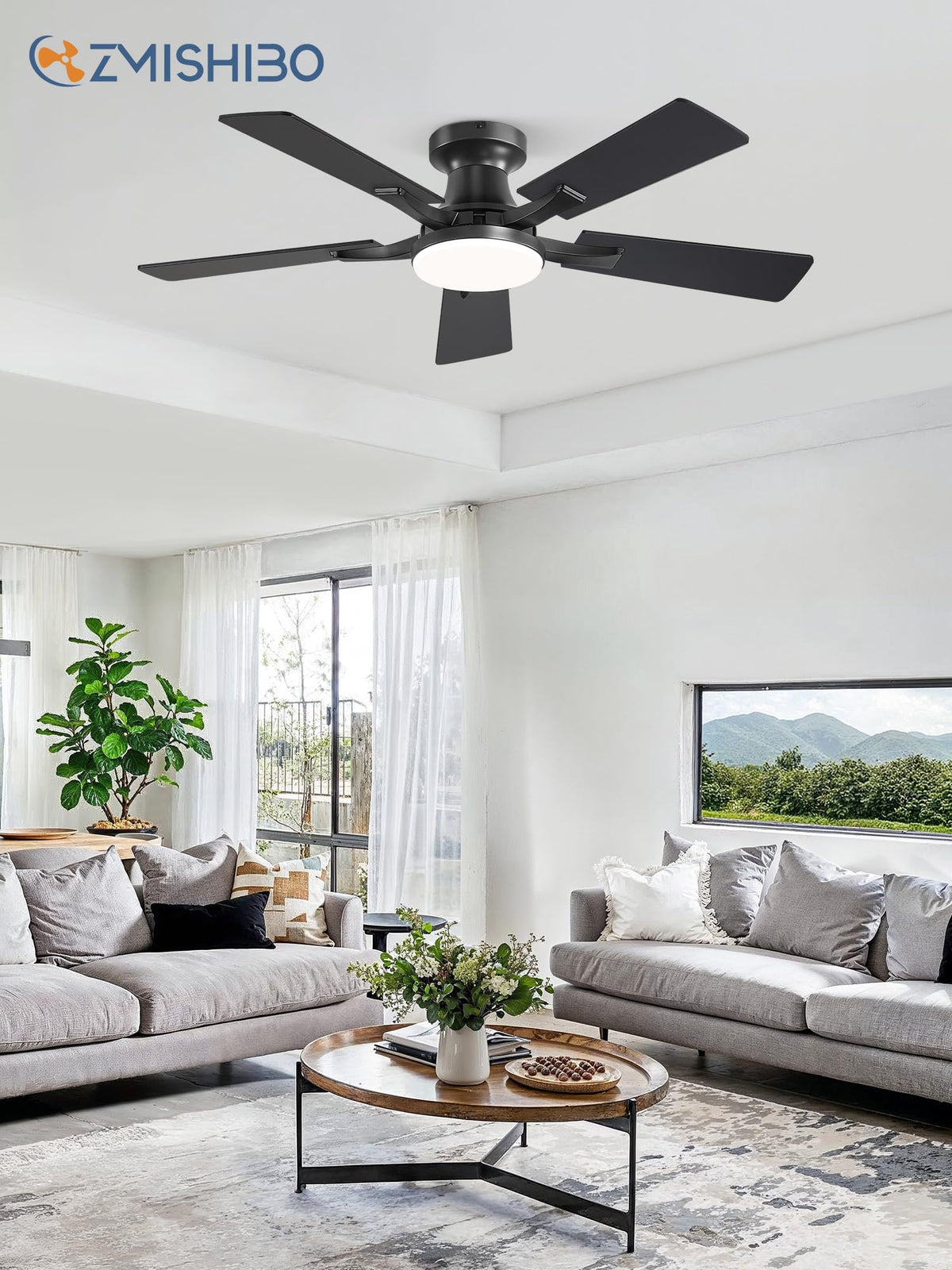 ZMISHIBO 52 Inch Ceiling Fans with Lights, Remote&App Control, Flush Mount