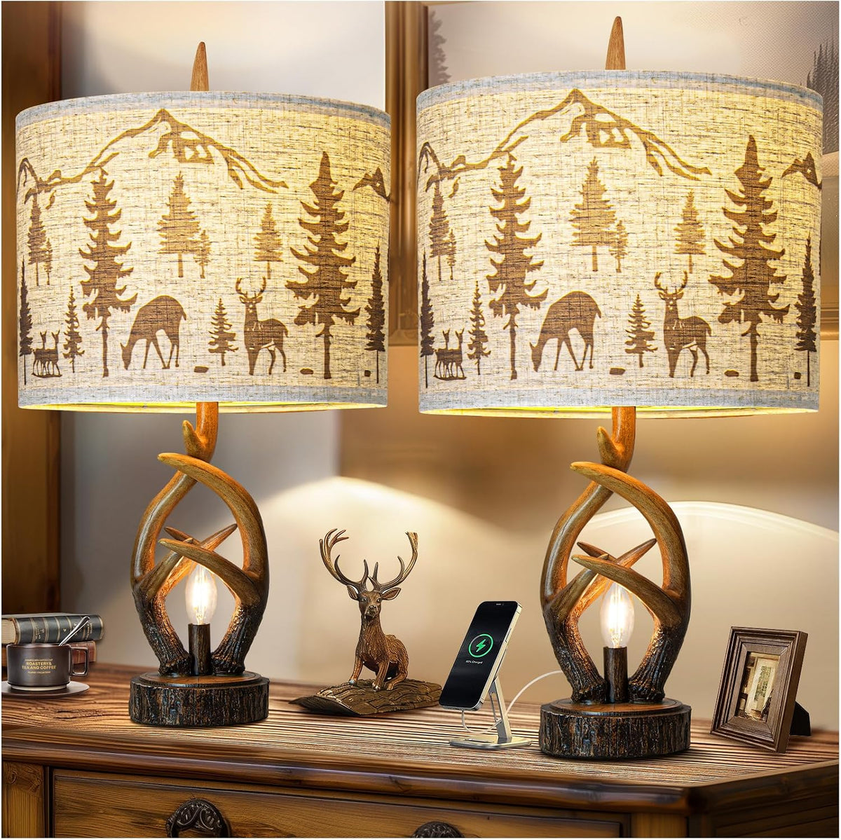 Scenekoy Deer Antler Table Lamp Set of 2 with Nightlight for Living Room