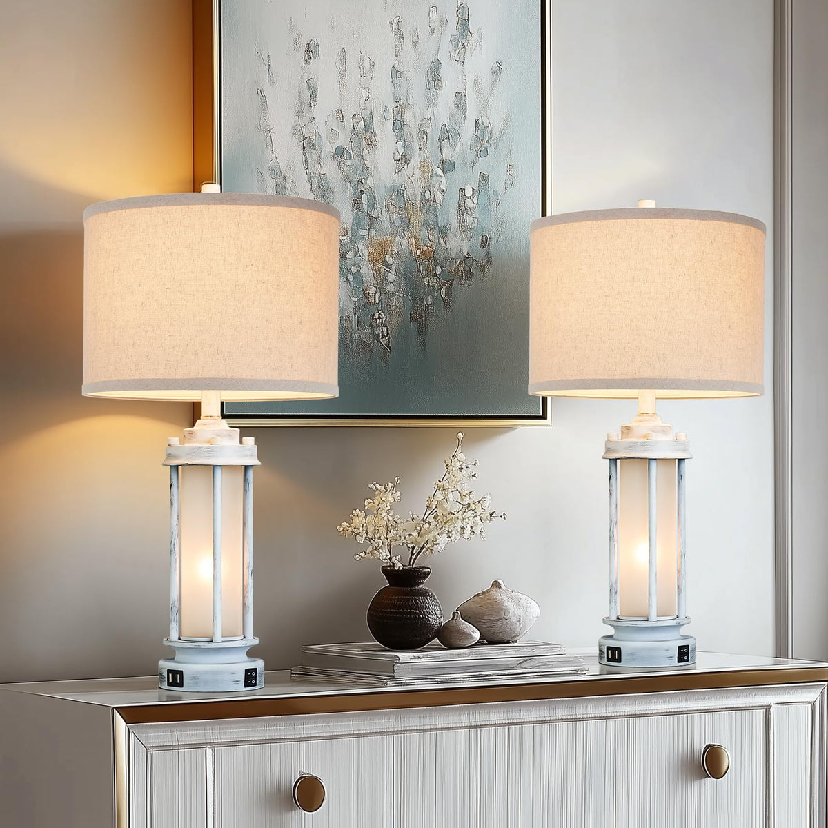 AIEAMPDO 25'' Set of 2 Farmhouse Table Lamps for Living Room with USB C+A