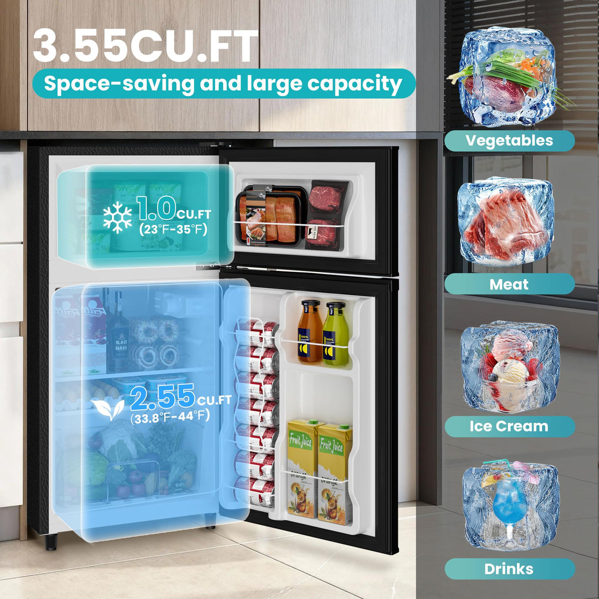 4.5 Cu.Ft Mini Fridge Freezer for Dorm/Office, 2-Door, Quiet