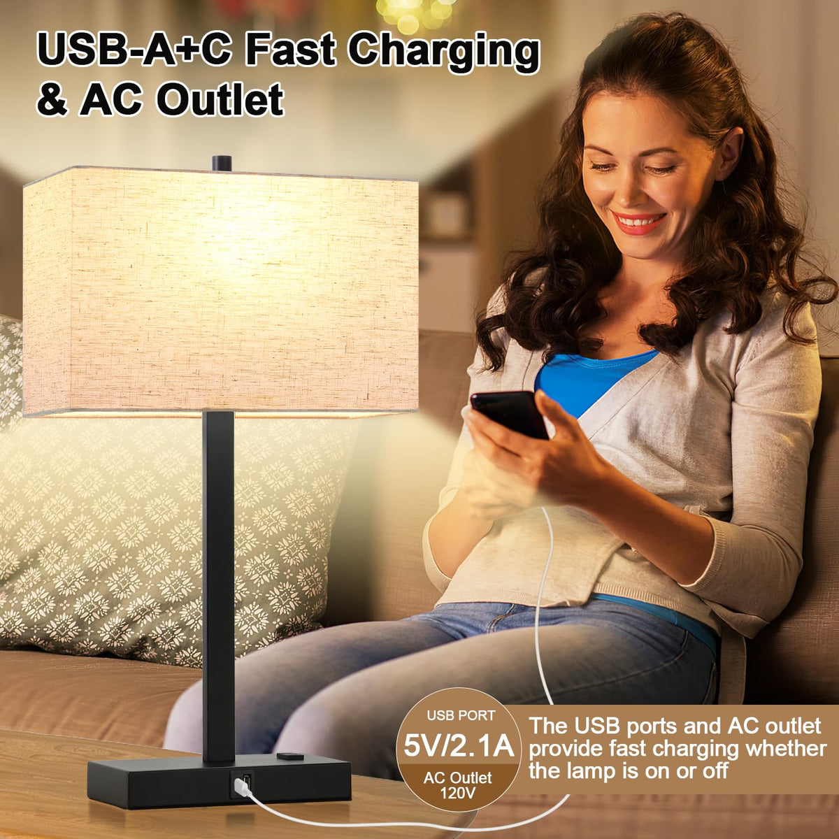 Lynnoland Set of 2 Touch Control Table Lamps with 2 USB & AC Outlet, 3-Way Dimmable Bedside Nightstand Lamps for Bedroom Living Room Nursery, 800 Lumens 5000K Daylight Bulbs Included