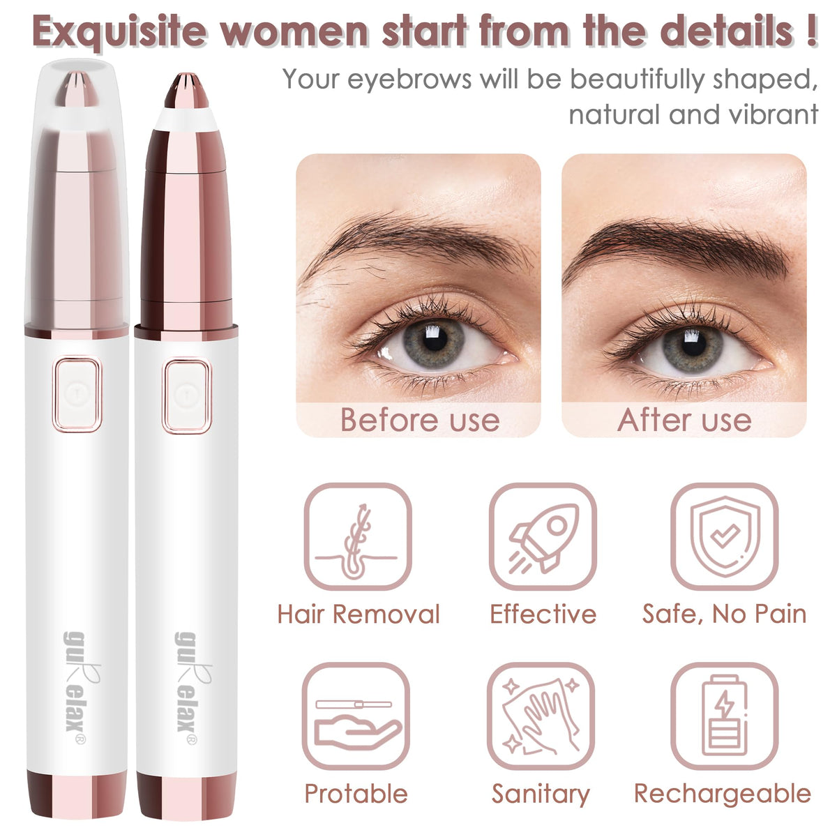 gurelax Eyebrow Hair Remover, Electric Eyebrow Trimmer for Women,Face and Eye Brow Razor with LED Light for Women Rechargeable with 2 x Replacement Heads (White)