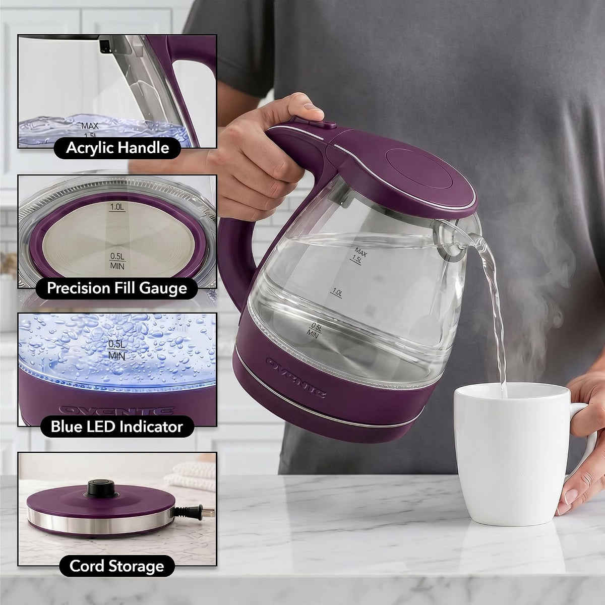 OVENTE 1.5L Glass Electric Kettle Water Boiler, Black KG83B
