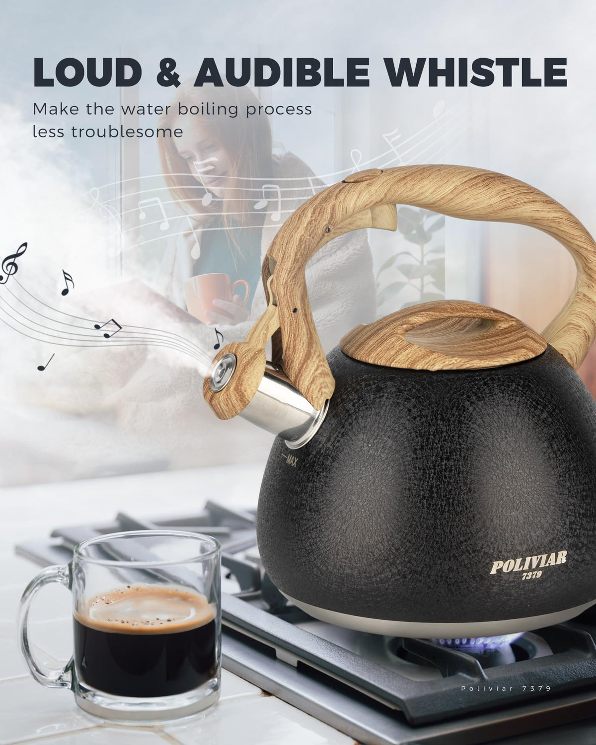 POLIVIAR Tea Kettle, 2.7 Quart Natural Stone Finish with Wood Pattern Handle Loud Whistle Food Grade Stainless Steel Teapot, Anti-Hot Handle and Anti-Rust, Suitable for All Heat Sources (JX2018-GR20)