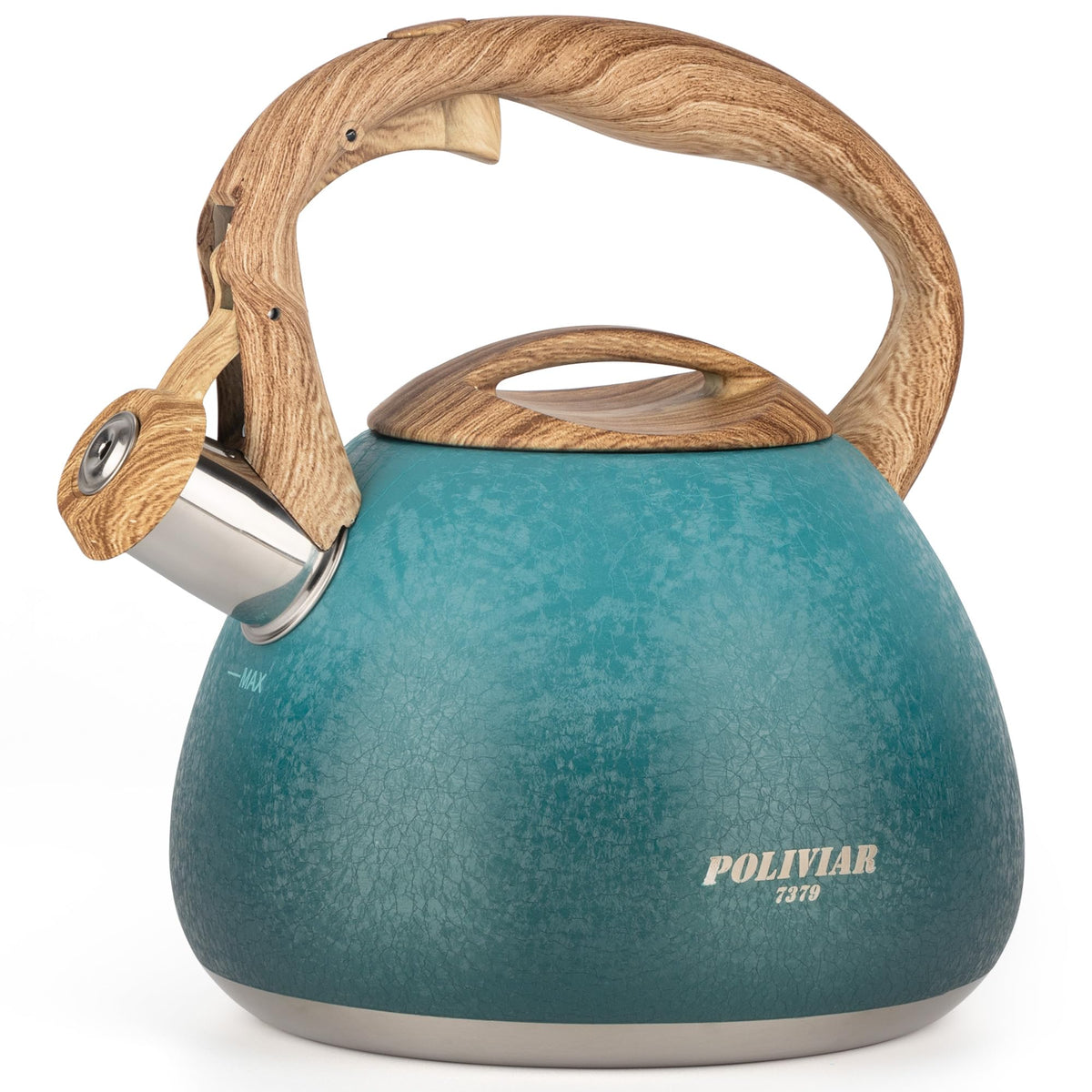 POLIVIAR Tea Kettle, 2.7 Quart Natural Stone Finish with Wood Pattern Handle Loud Whistle Food Grade Stainless Steel Teapot, Anti-Hot Handle and Anti-Rust, Suitable for All Heat Sources (JX2018-GR20)