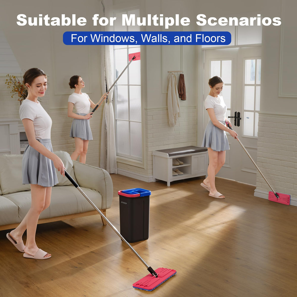 JOYMOOP Flat Mop System, Microfiber Mop and Bucket Set, White, Commercial & Household Use, Hardwood Floor & Wall Cleaning Mop with Long Handle, 4 Microfiber Pads
