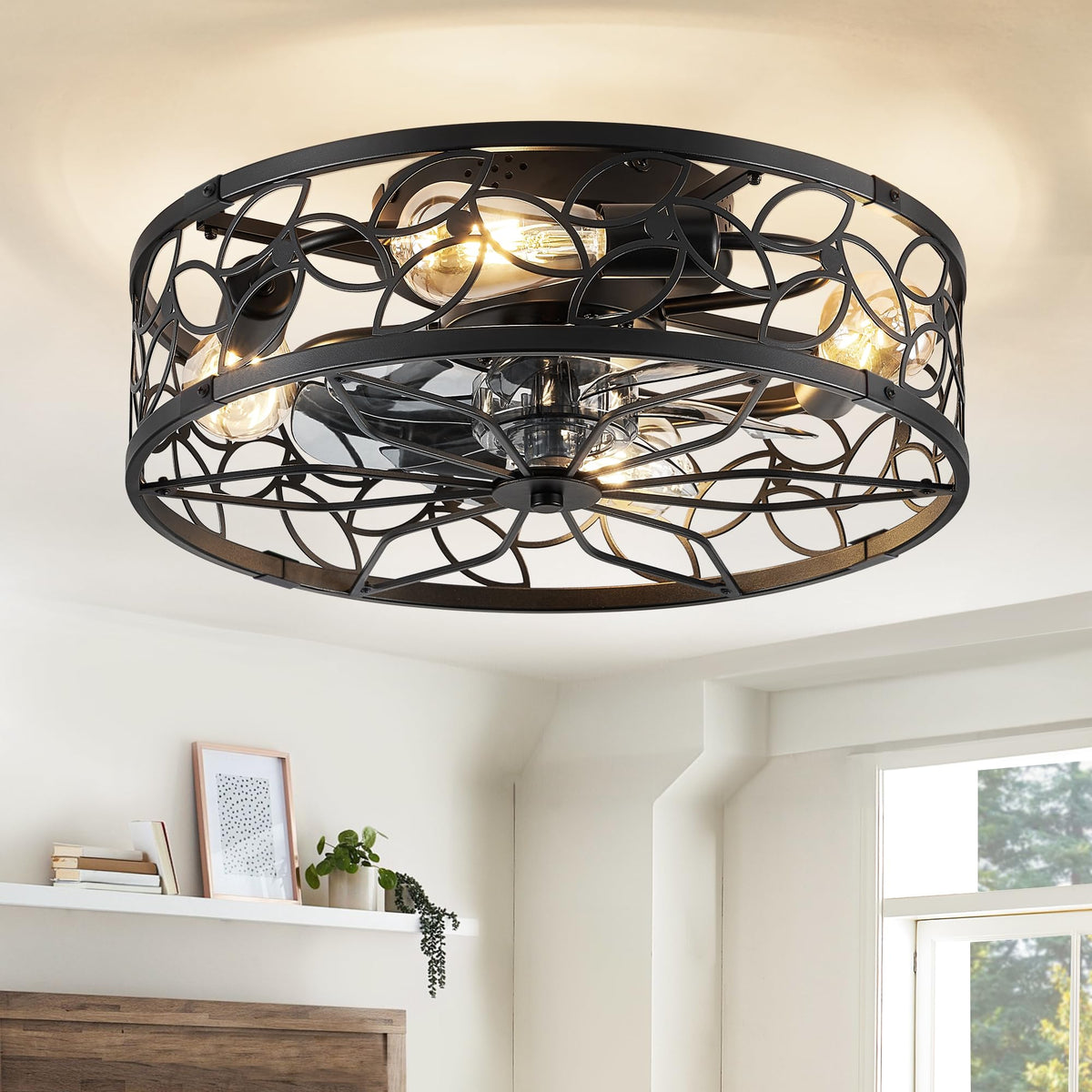 LEDIARY Caged Ceiling Fan with Light, Flush Mount Fandalier with Remote