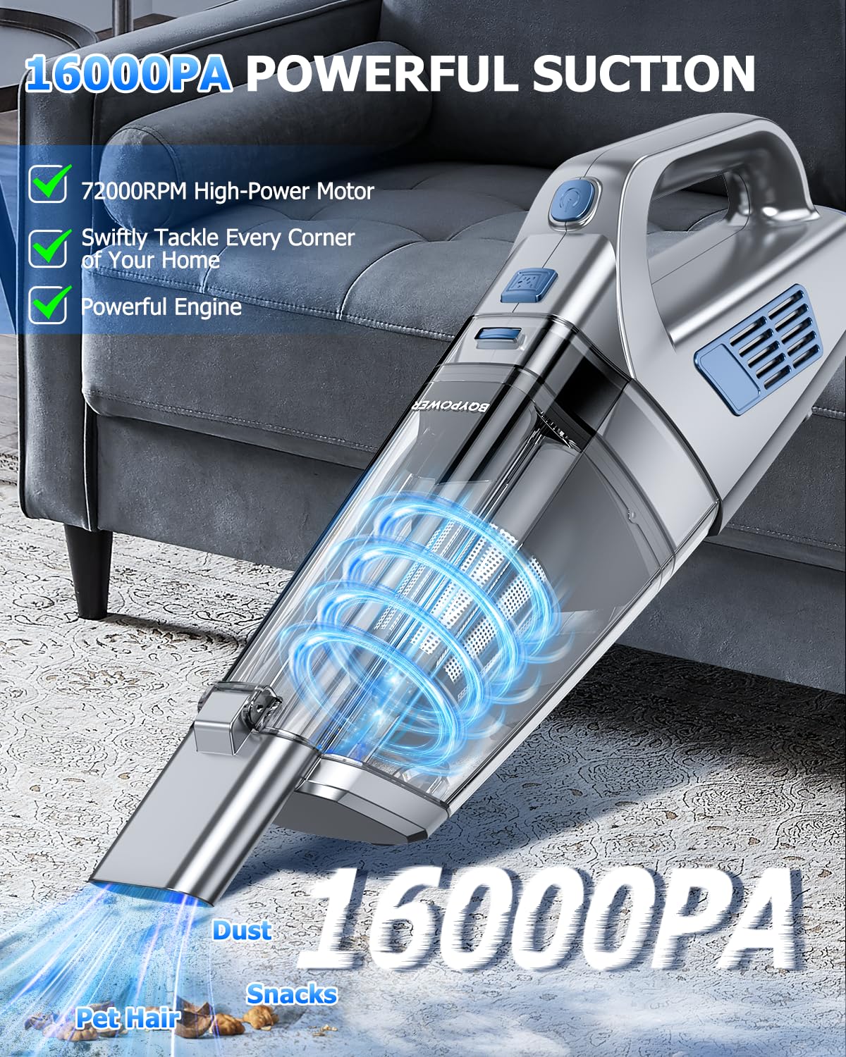 BQYPOWER 16000PA Handheld Vacuum Cleaner Cordless Rechargeable for Car Home