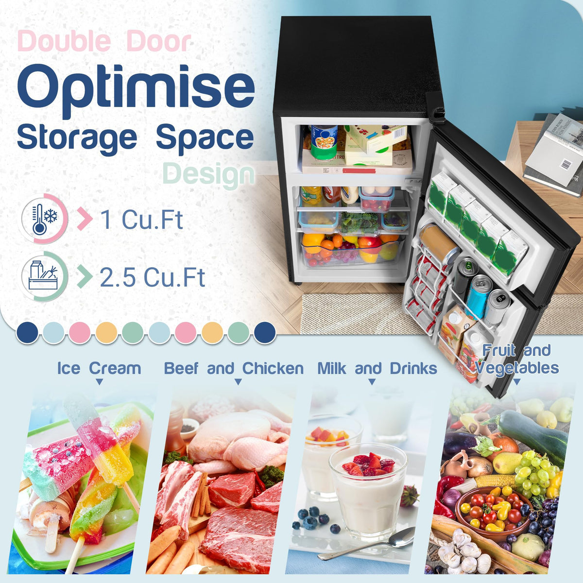4.5 Cu.Ft Mini Fridge Freezer for Dorm/Office, 2-Door, Quiet