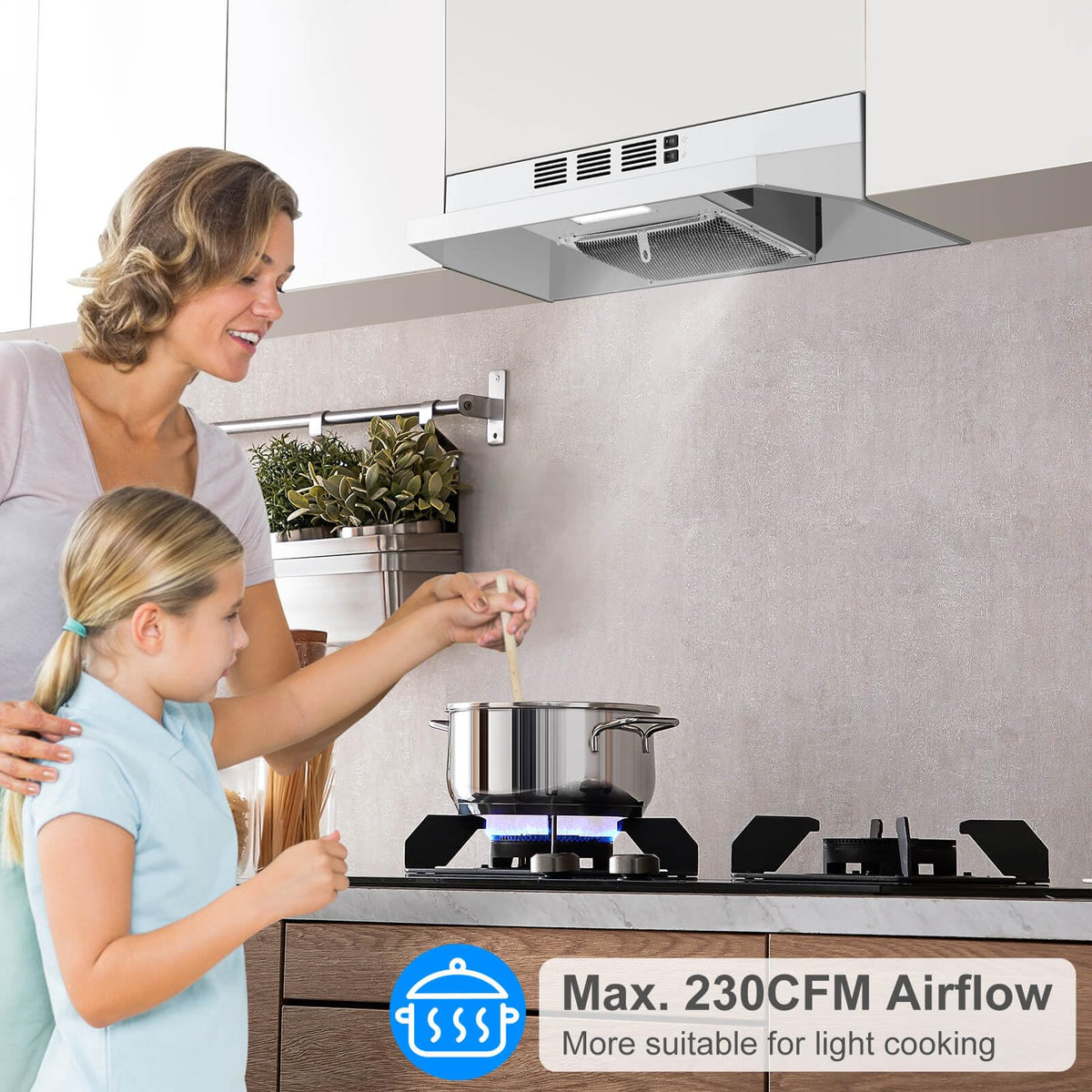SNDOAS 30 inch Range Hood Ducted/Ductless Convertible Stainless Steel Range Hood Under Cabinet with Rocker Button Control,Vent Hood with LED Light,2 Speed Exhaust Fan,Under Cabinet Hood,Silver