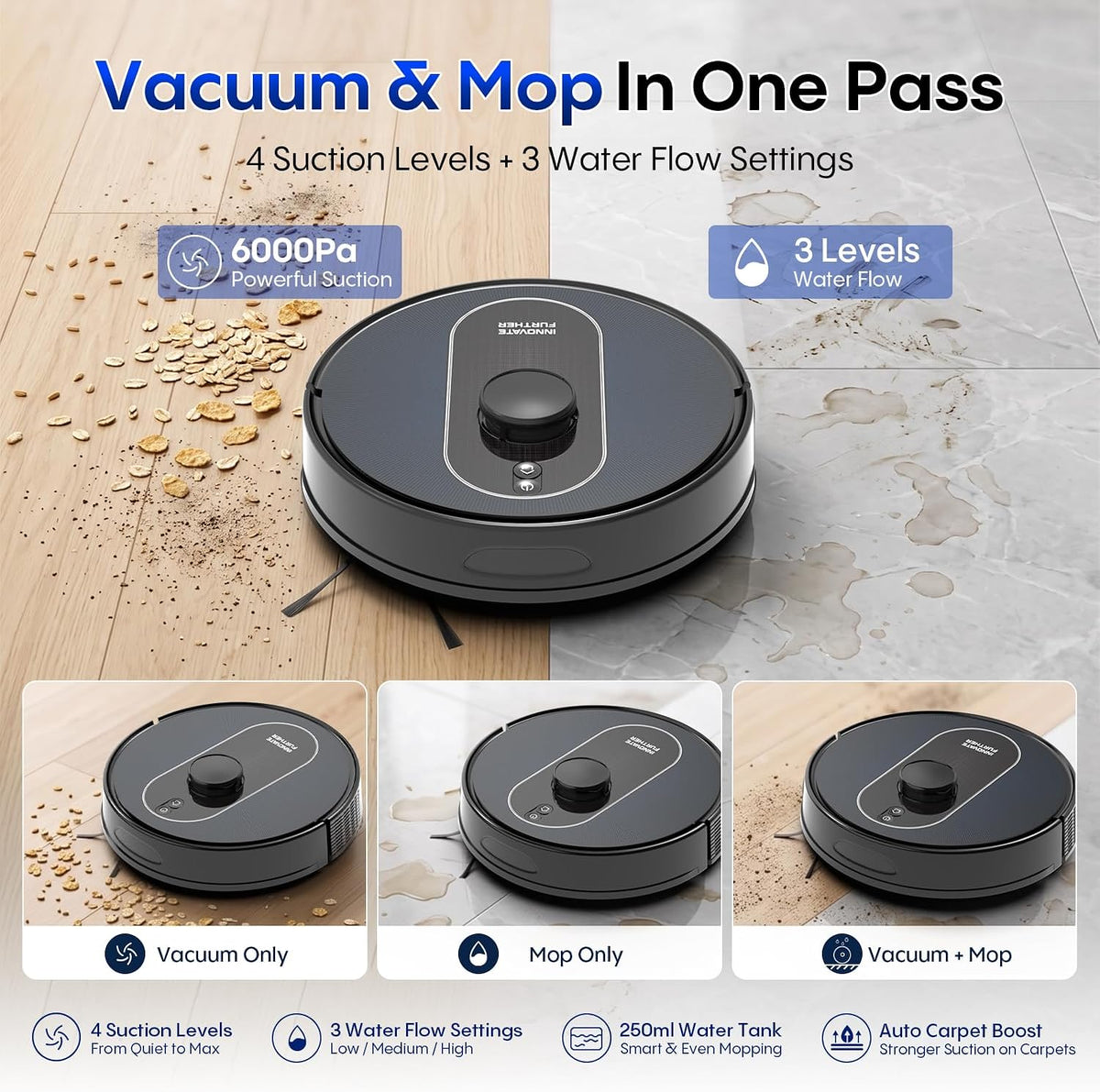 Robot Vacuum and Mop Combo, 6000Pa Powerful Suction, LiDAR, Self-Emptying