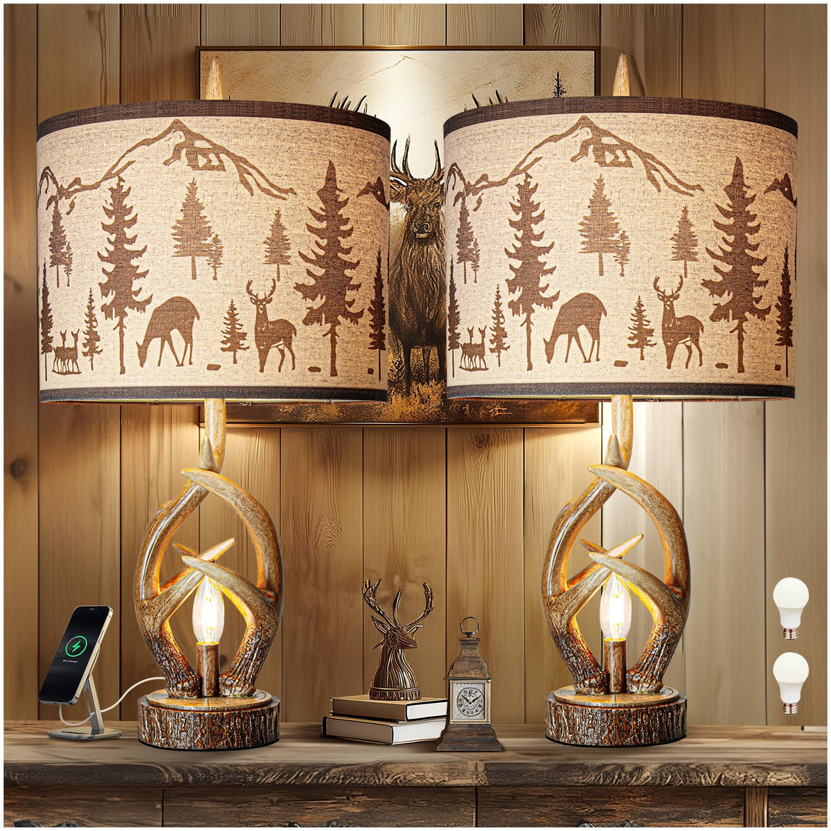 Scenekoy Deer Antler Table Lamp Set of 2 with Nightlight for Living Room