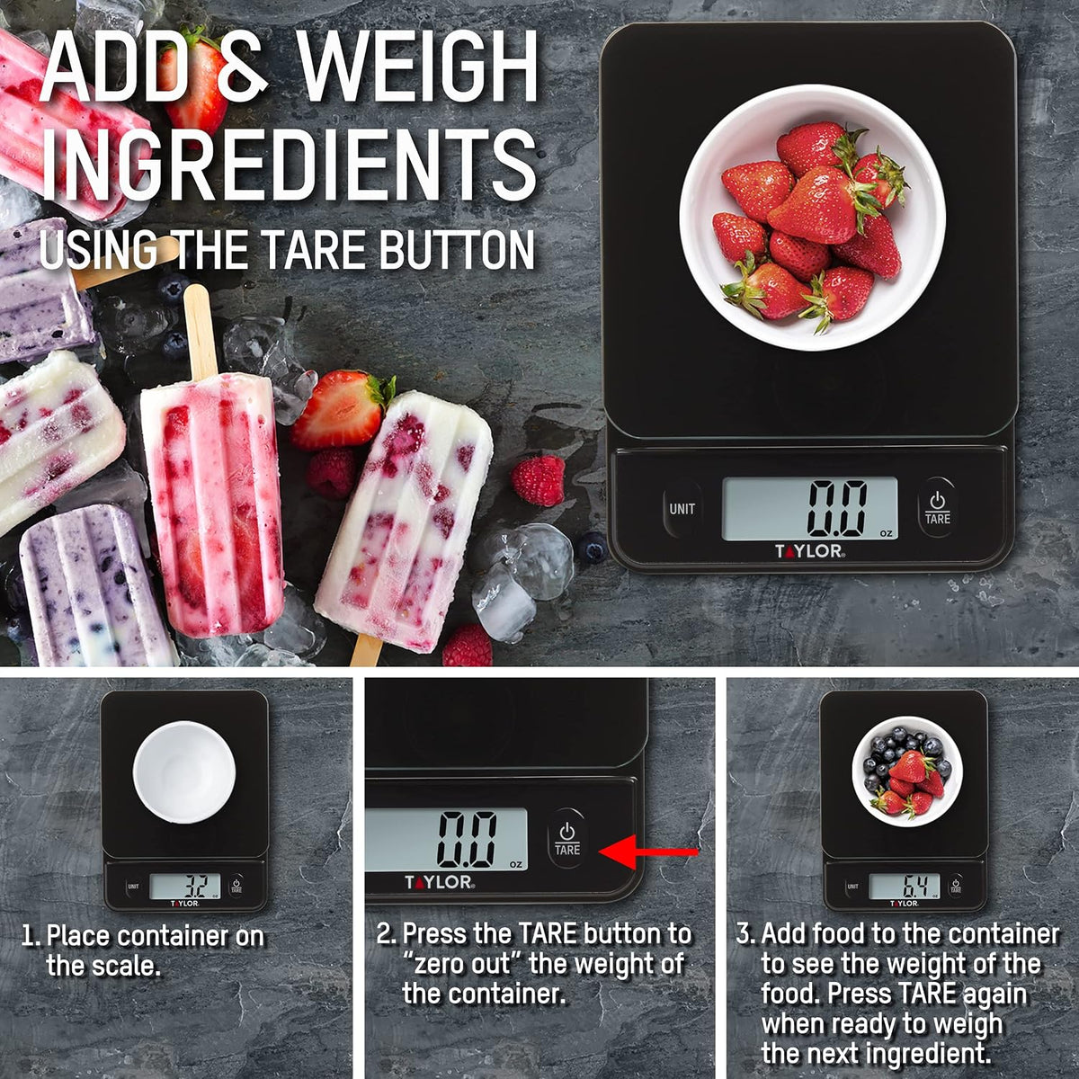Taylor Digital Kitchen Food Scale with Black Glass Top - 11 lb Max Capacity