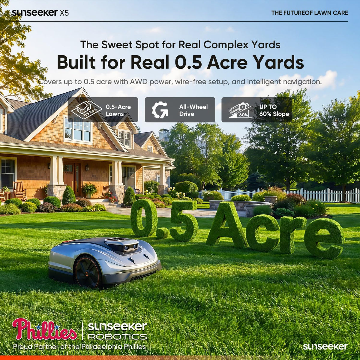 Sunseeker X5 AWD Robot Lawn Mower, RTK, Vision AI, 0.5 Acre, Wire-Free