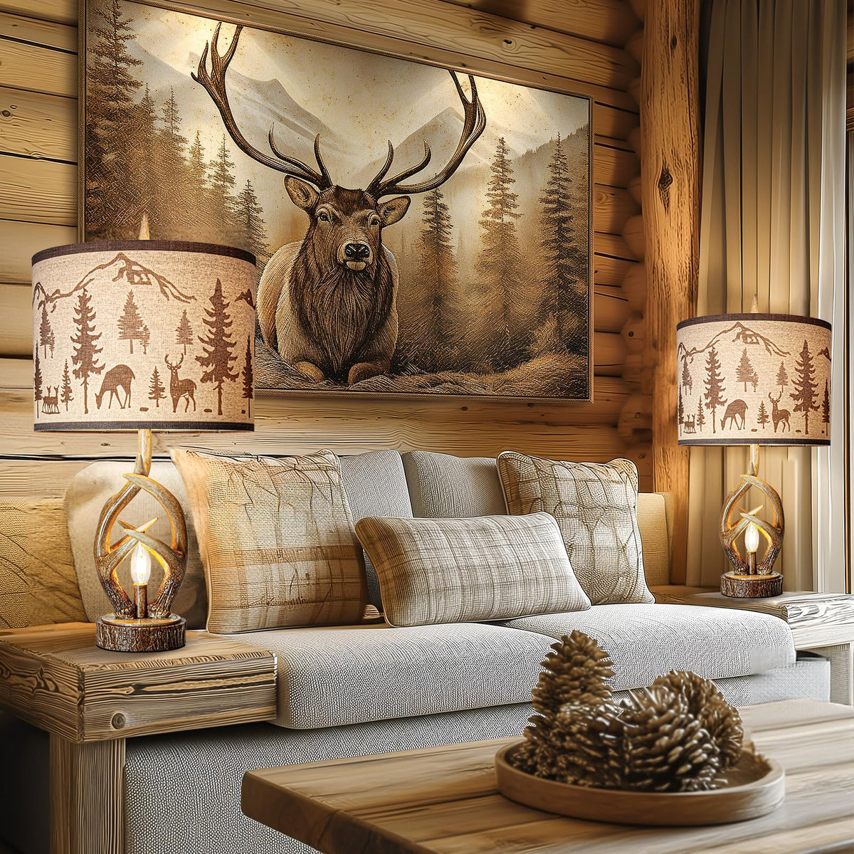 Scenekoy Deer Antler Table Lamp Set of 2 with Nightlight for Living Room