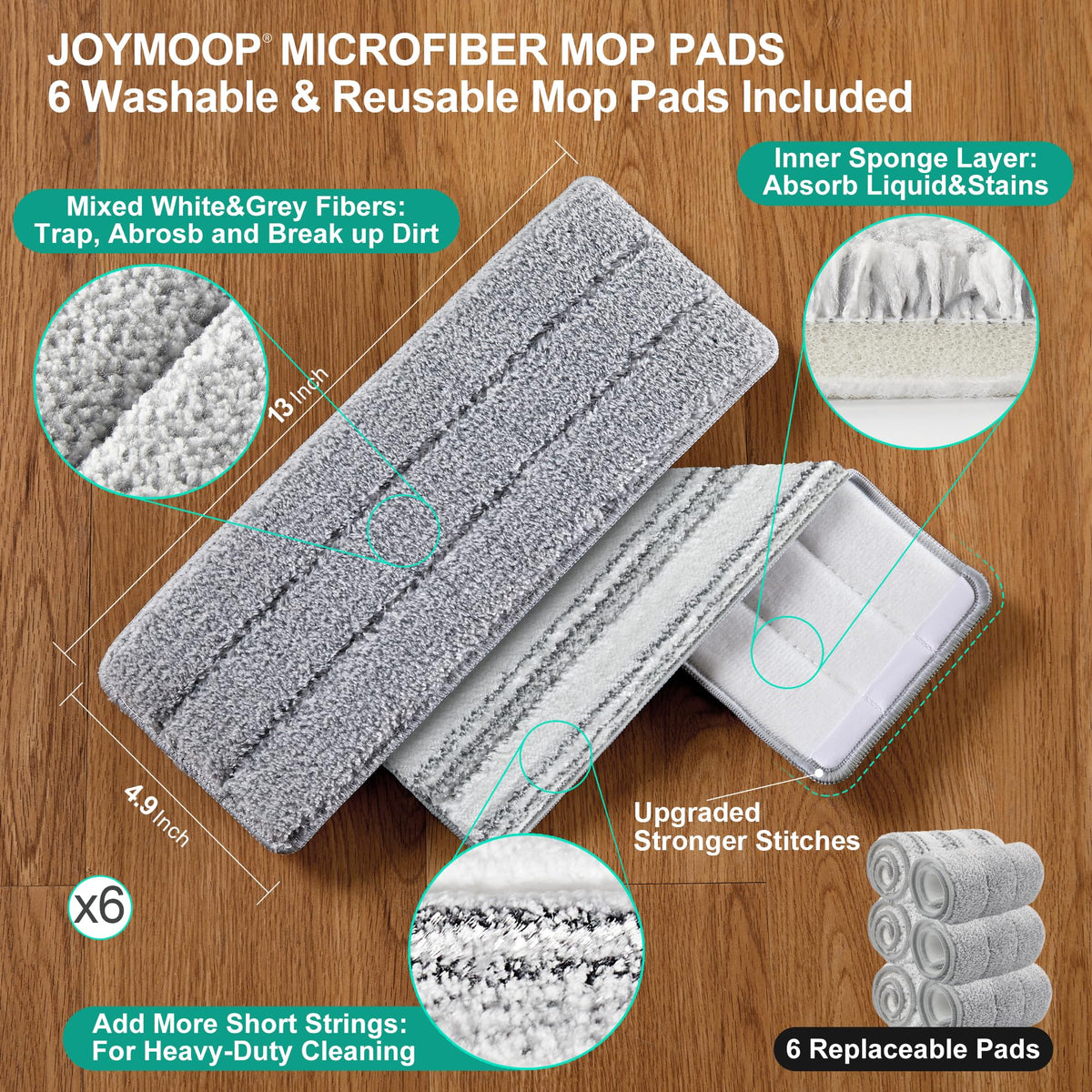 JOYMOOP Flat Mop System, Microfiber Mop and Bucket Set, White, Commercial & Household Use, Hardwood Floor & Wall Cleaning Mop with Long Handle, 4 Microfiber Pads