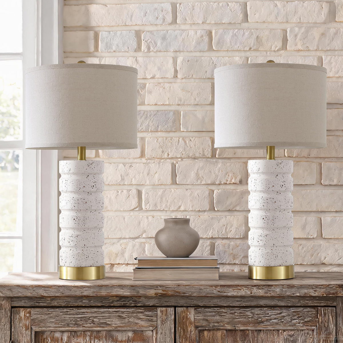 AIEAMPDO 26" Set of 2 Travertine Resin Table Lamps for Bedroom, Brass Base