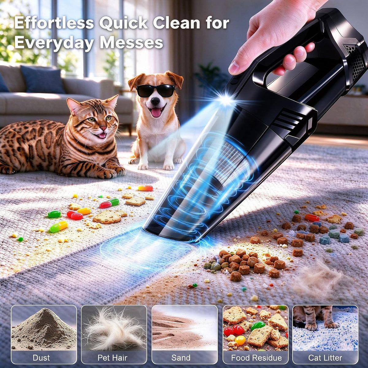 Blestan Handheld Vacuum Cordless Portable Car Vacuum with LED Light, High Power Suction, 3 in 1, Lightweight Rechargeable Hand Vacuum, Hand Held Vacuum Cleaner for Car Home Office, Pet Hair, Black