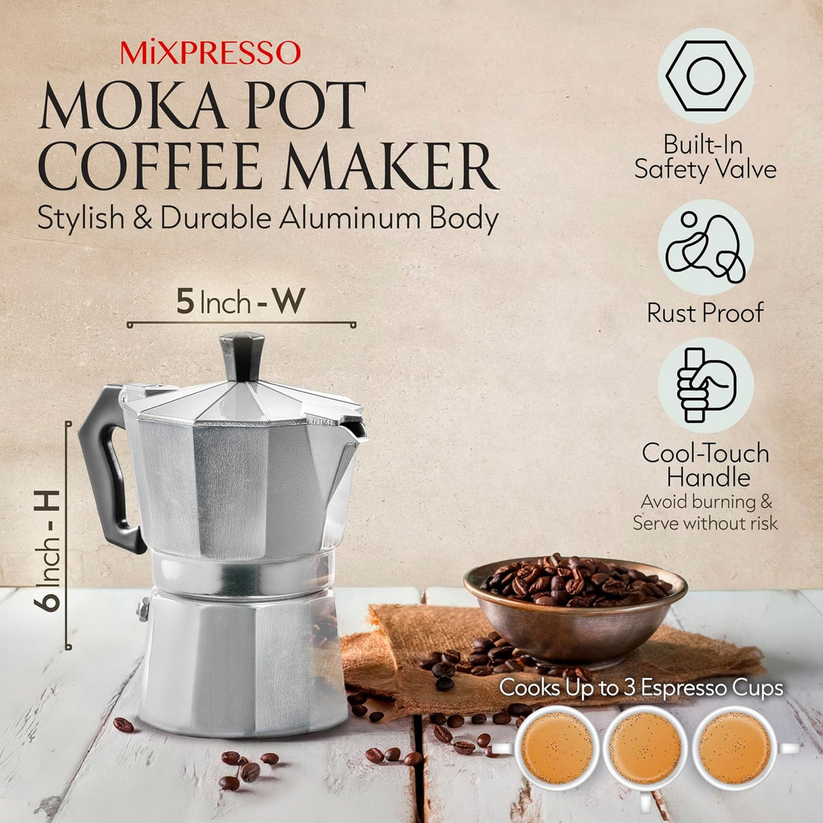 Mixpresso 3 Cup Moka Pot Stovetop Espresso Maker, Italian Cuban Coffee Pot